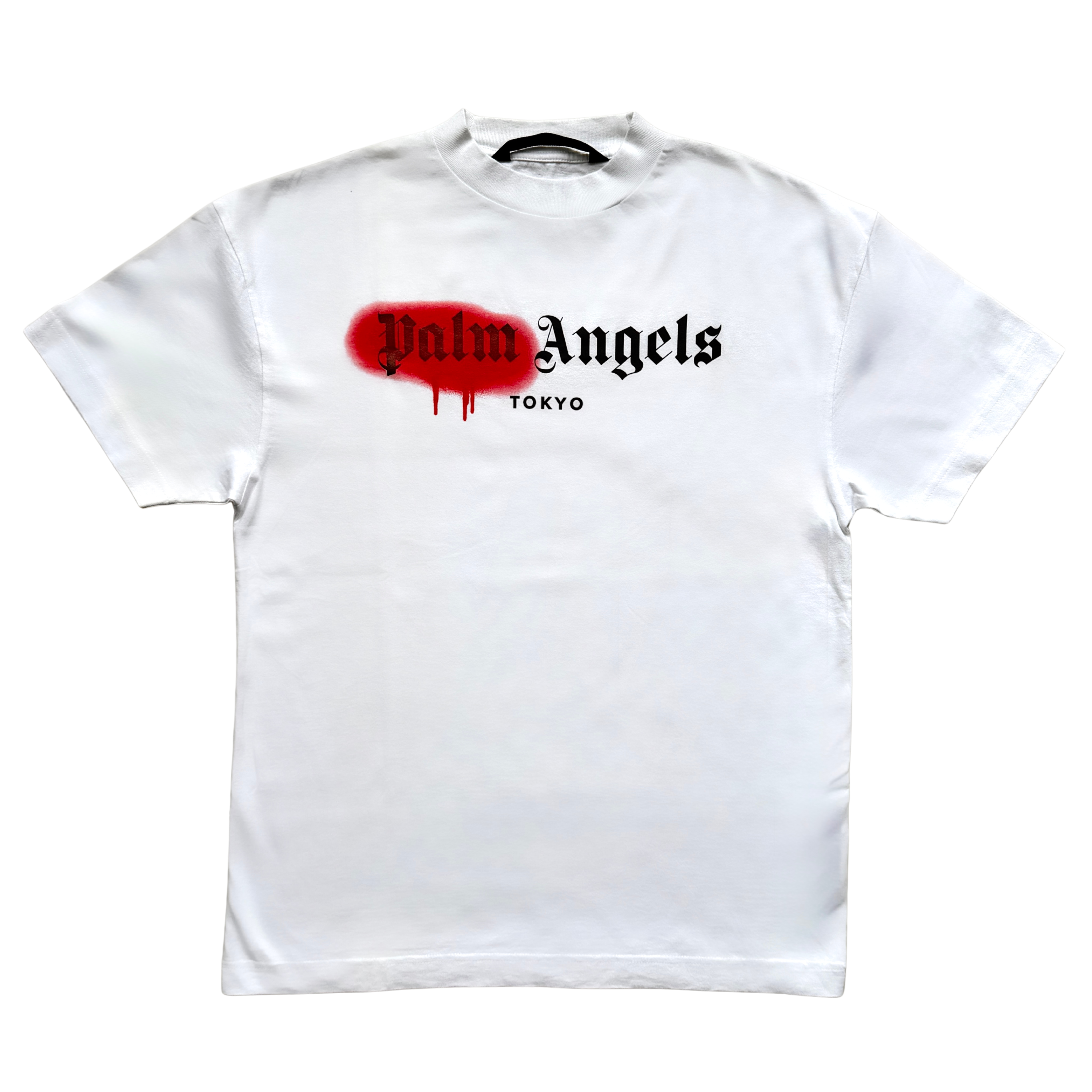 Palm Angels Spray Logo Tokyo Tee in white cotton with red graffiti logo and black gothic lettering, size M