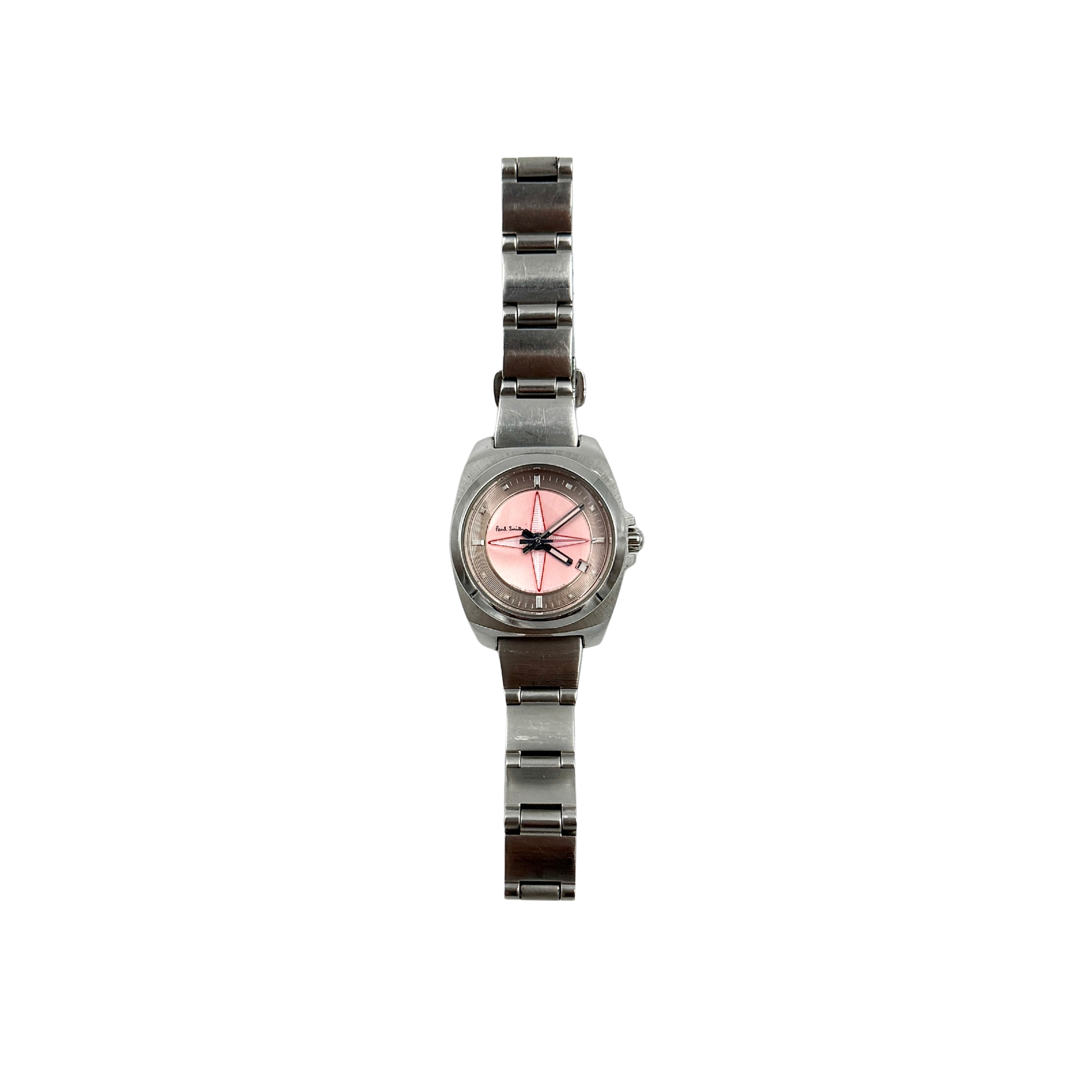 Paul Smith 1016-S060753 wristwatch with a pink dial, silver-tone stainless steel case and link bracelet, shown from front and back with model engraving.