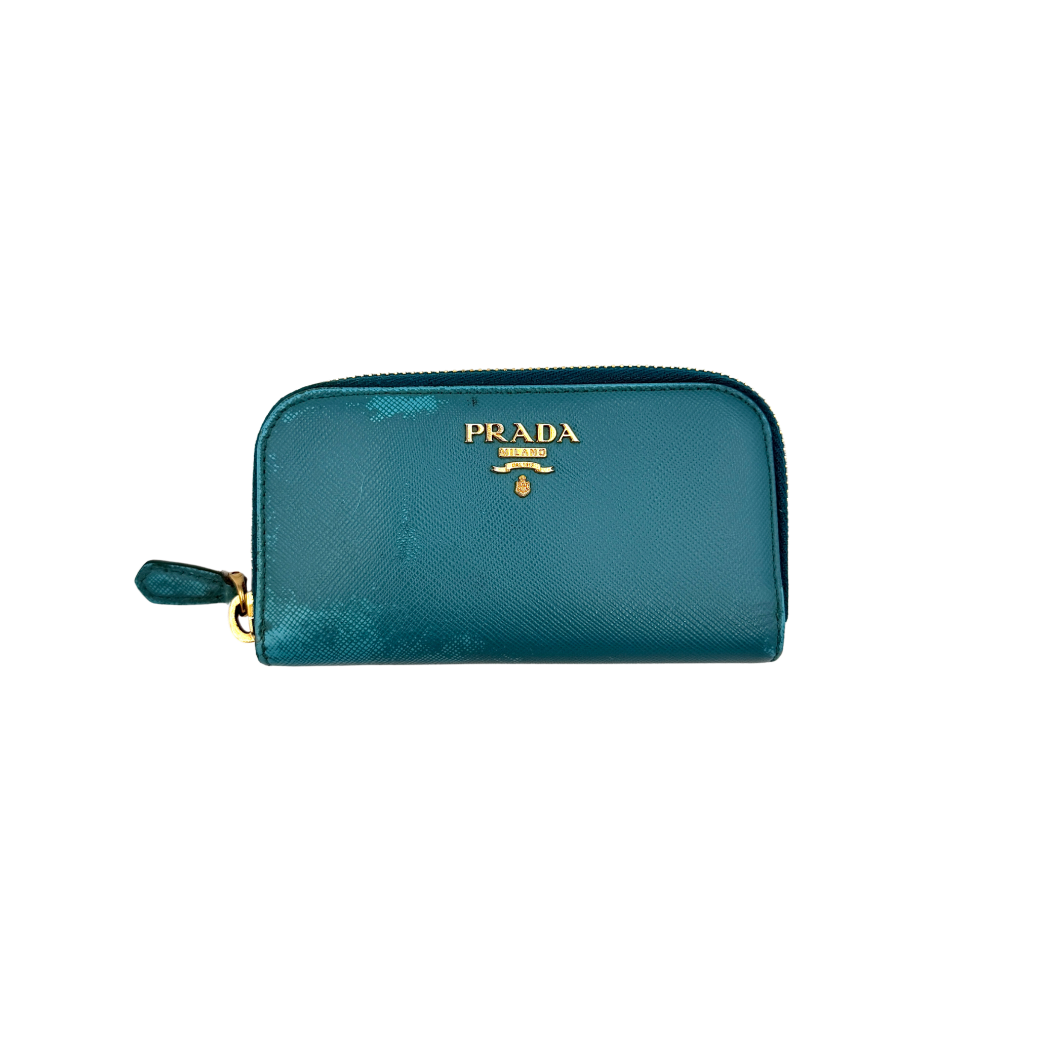 Prada Saffiano zippy key holder in blue with gold logo, shown with zip-around closure and interior key hooks.