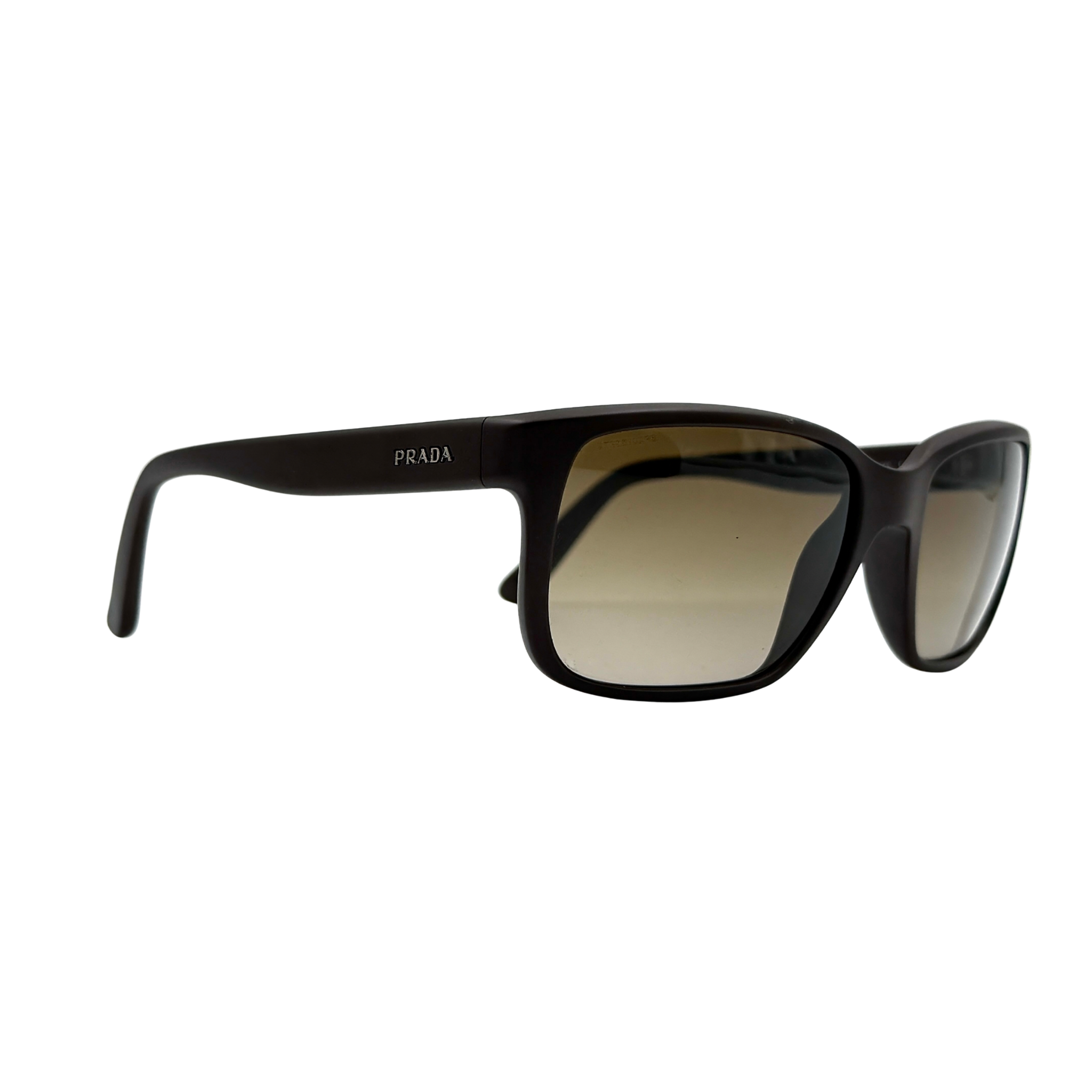 Prada SPR21R sunglasses in brown with sleek design and matching case, showcasing the elegant silhouette and refined finish.
