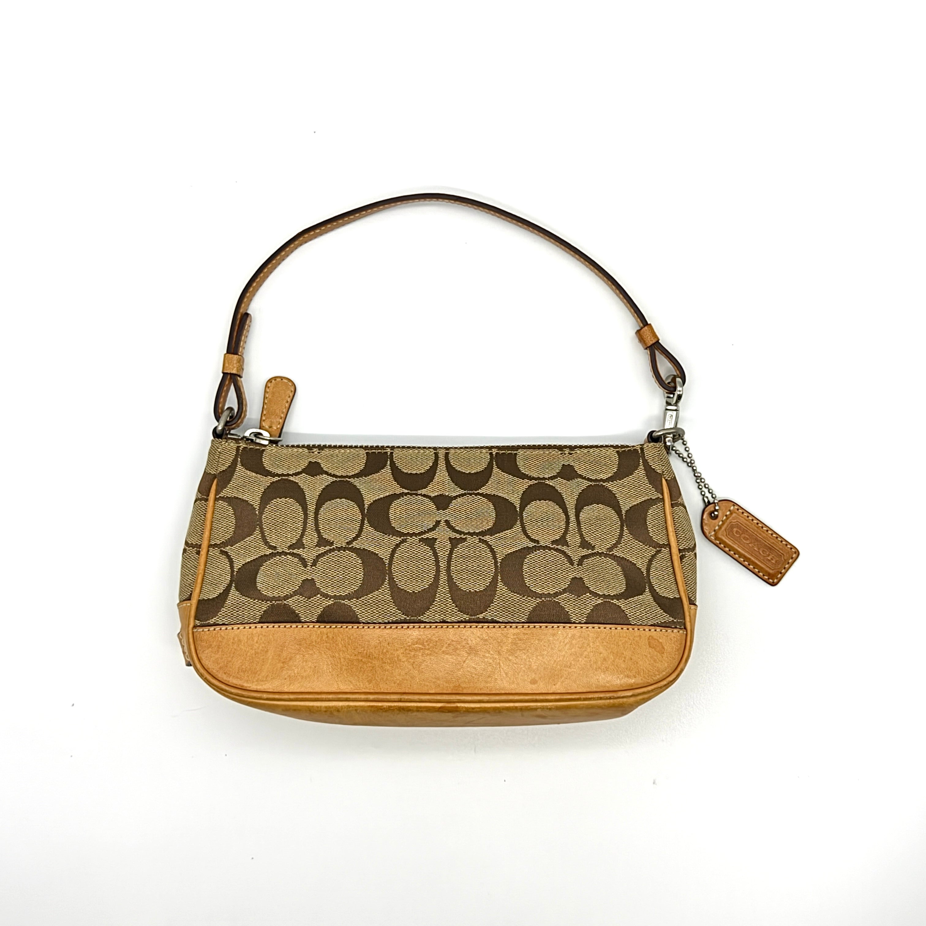 Coach Y2K Demi Shoulder Bag in tan signature monogram canvas with leather trim and orange interior lining