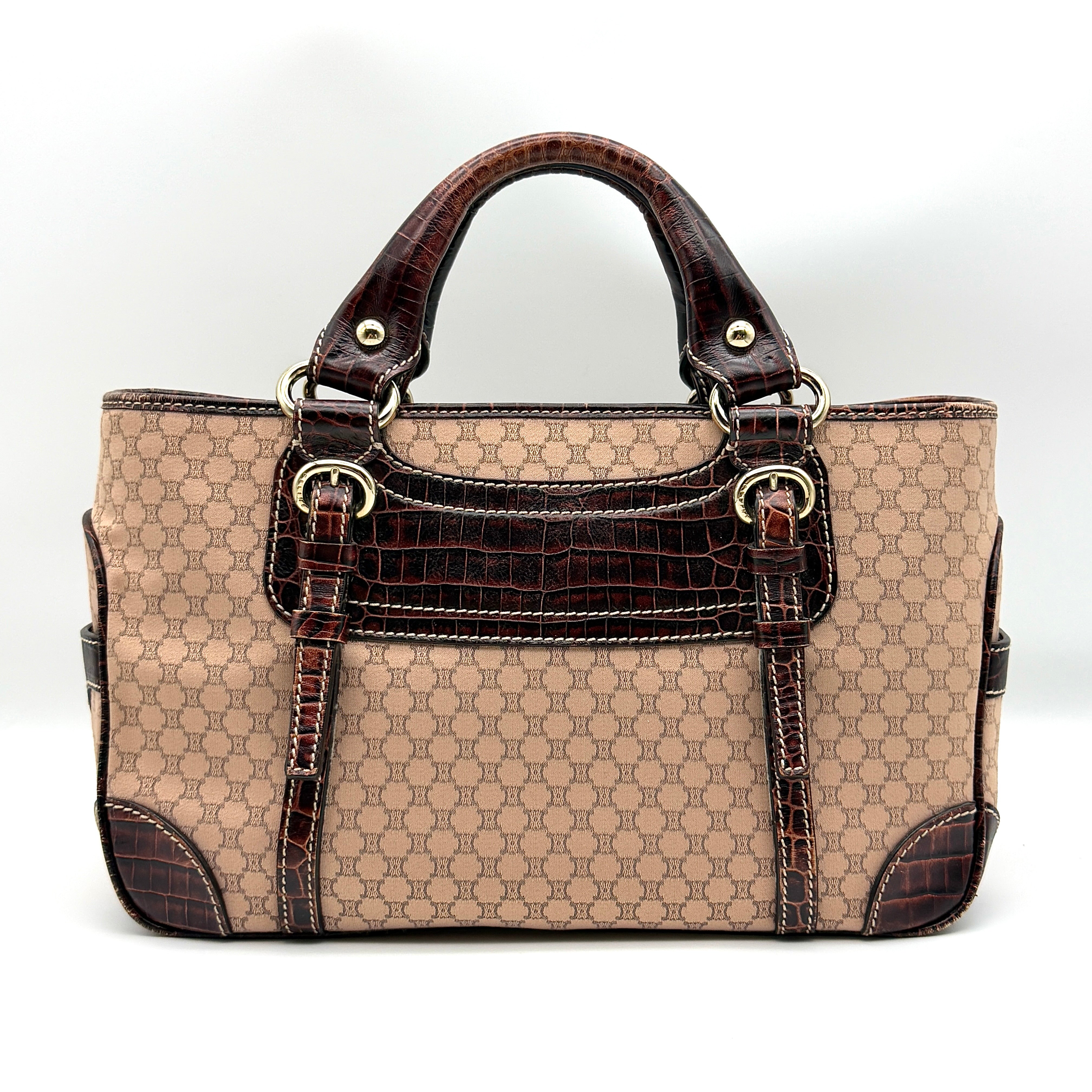 Celine Macadam Boogie handbag in pink canvas with maroon croc-embossed leather trim and gold-tone hardware.