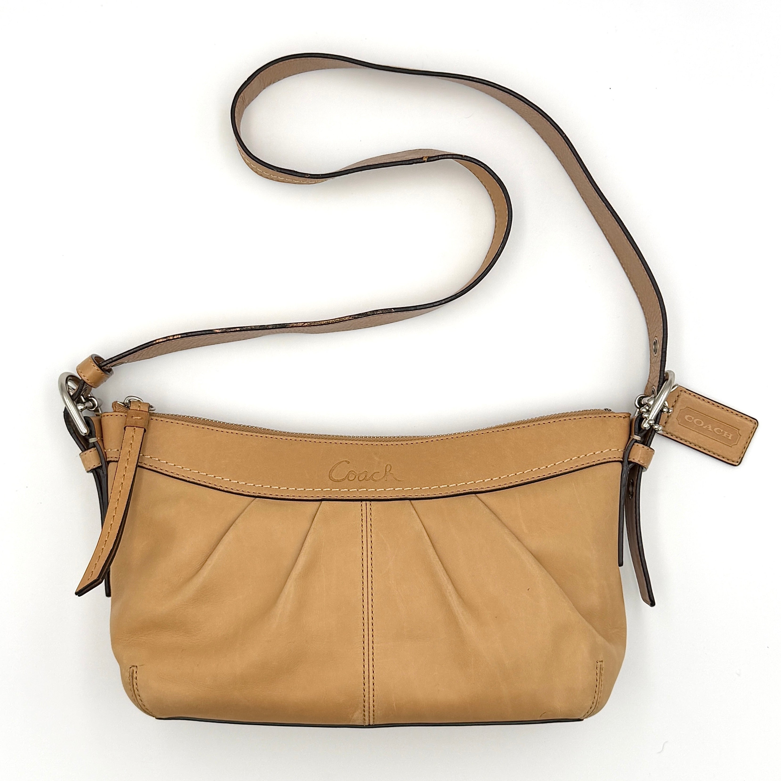 Coach 2Way Ashley Crossbody Bag in tan leather with silver-tone hardware and adjustable strap.