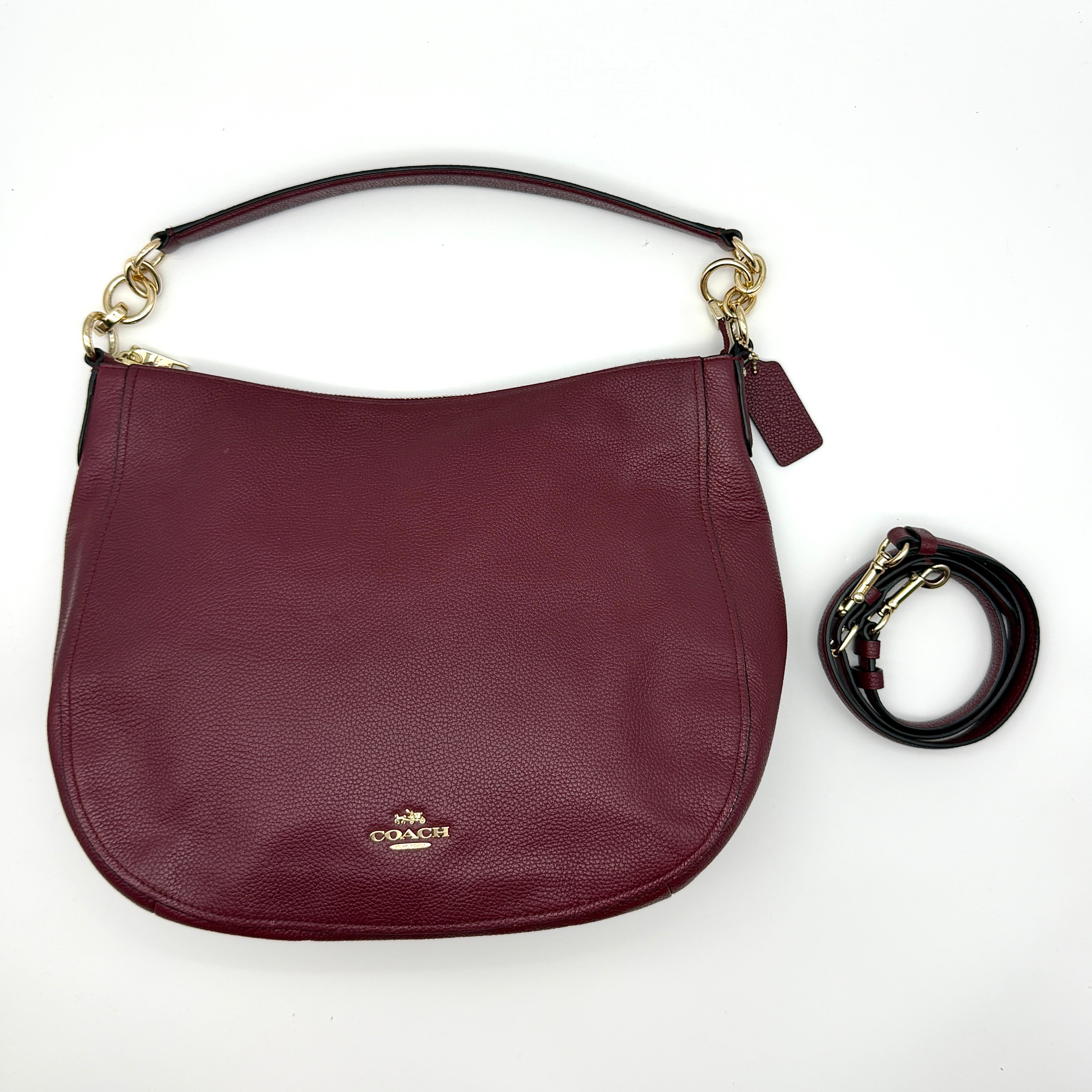 Coach 2Way Chelsea Hobo Leather Shoulder Bag in burgundy pebble leather with gold-tone hardware and detachable strap