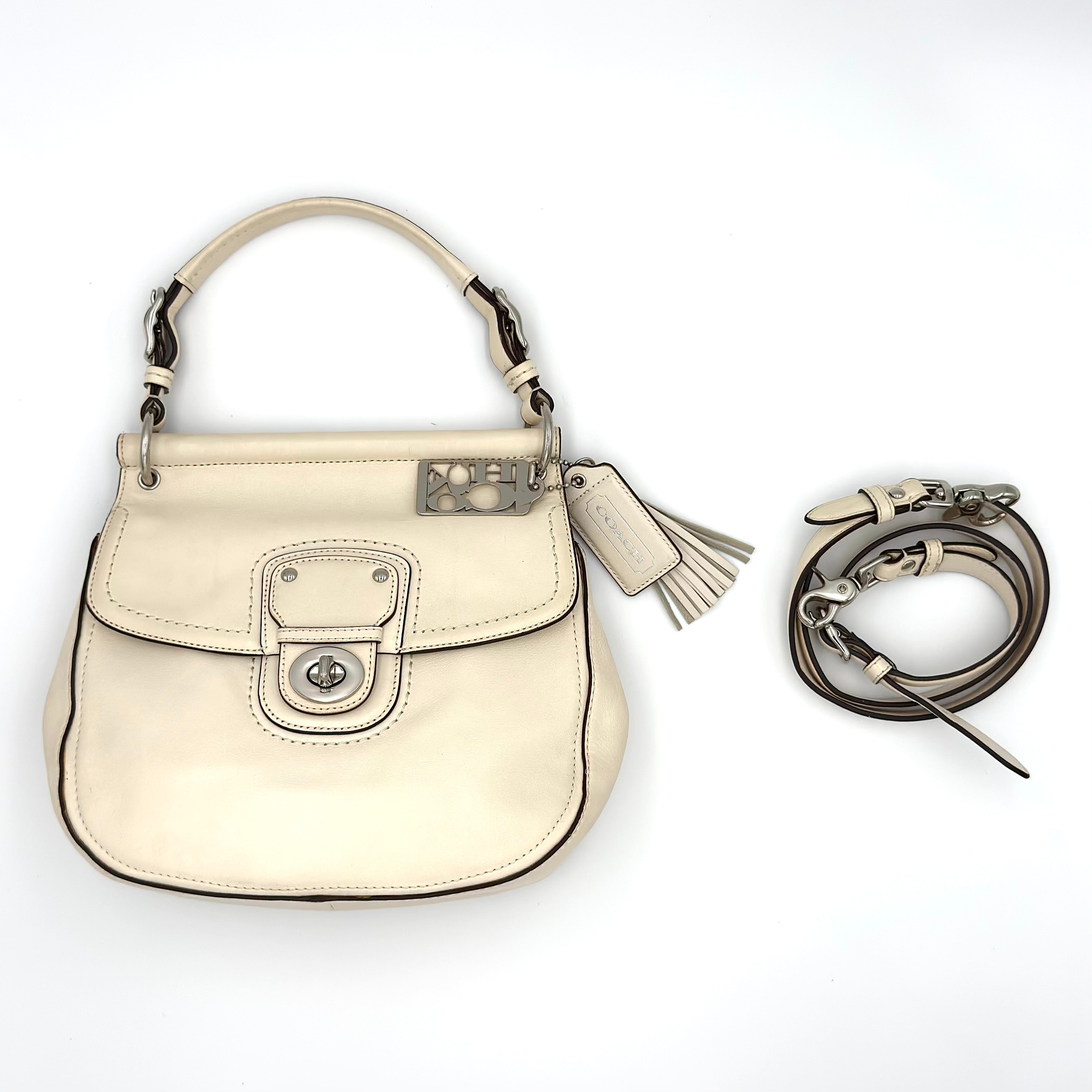 Coach 2Way Legacy Willis Shoulder Bag in white leather with silver-tone hardware and multicolor interior lining