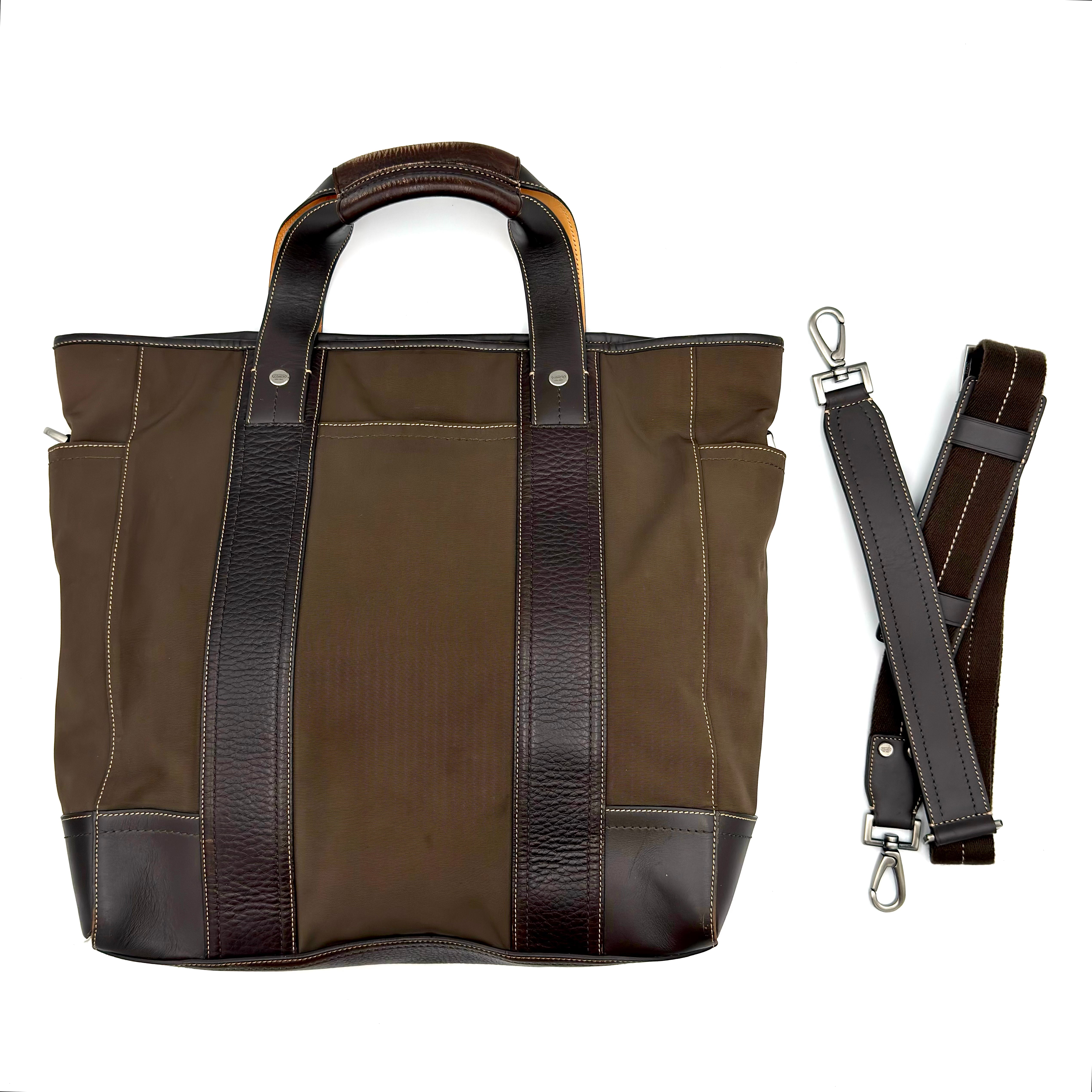Coach 2Way Nylon Tote Bag in brown nylon with dark brown leather trim and beige interior lining