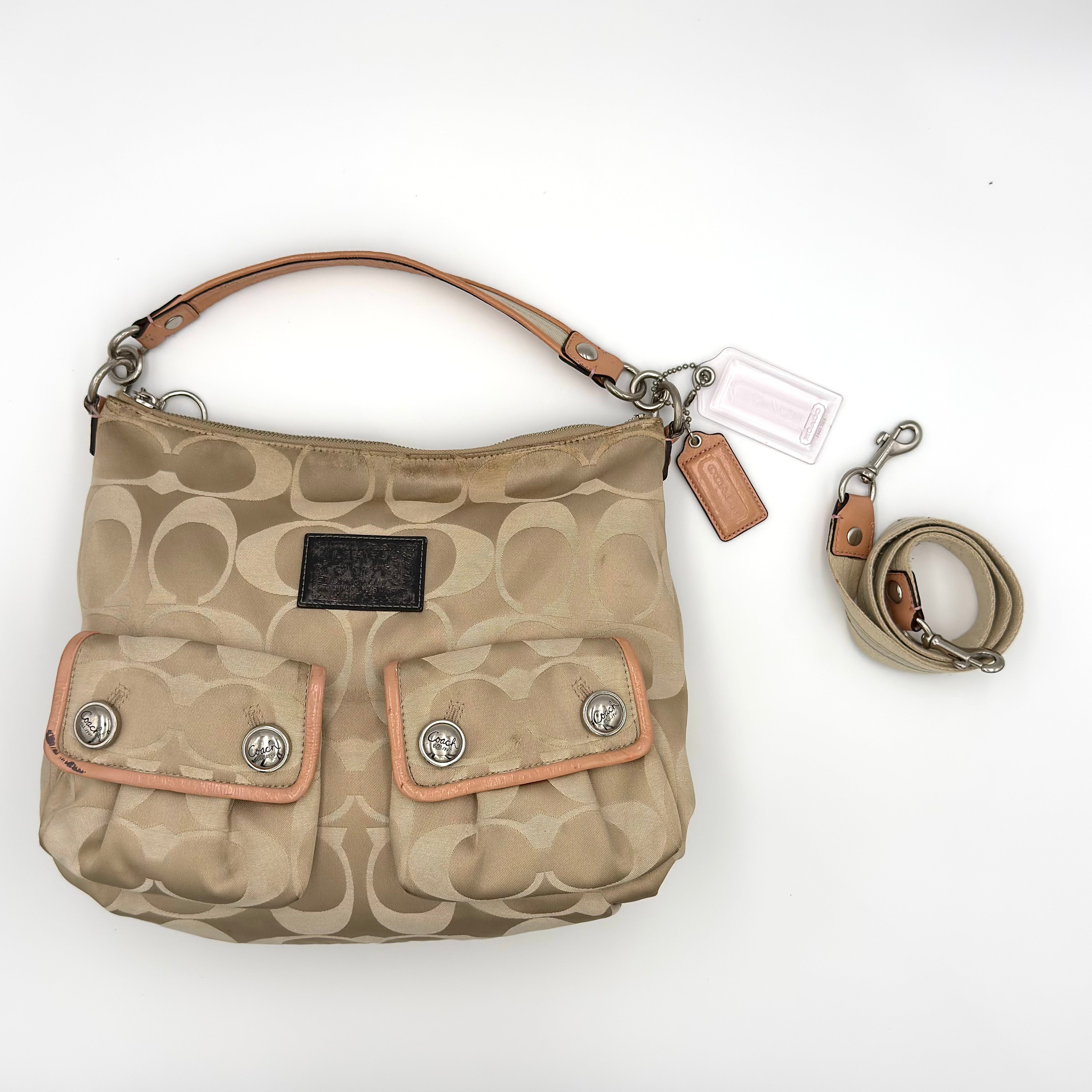 Coach 2Way Poppy Shoulder Bag in beige signature canvas with tan leather trim and magenta interior