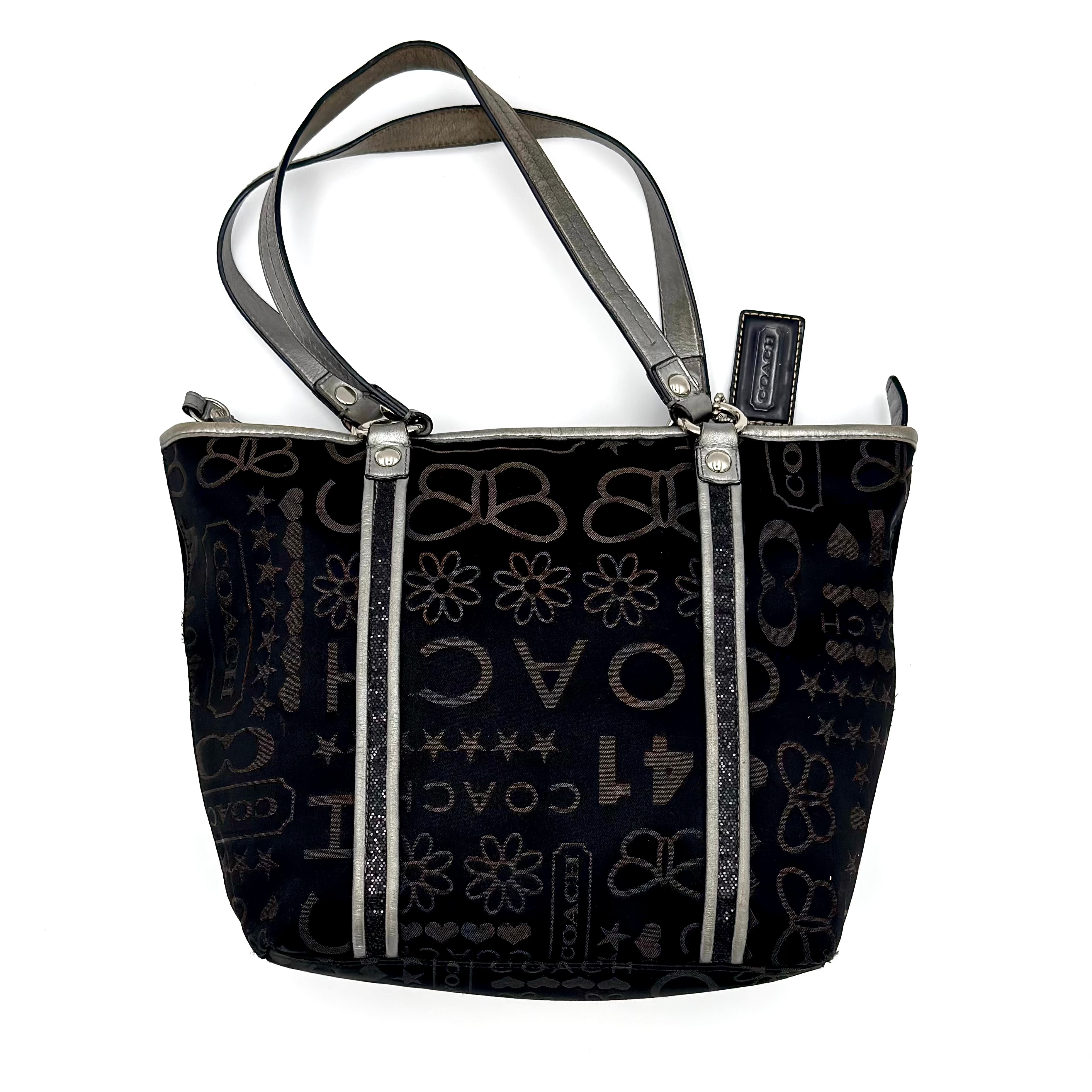 Coach Poppy Bandana Glitter Graffiti Tote Bag in black jacquard with silver leather trim and blue interior