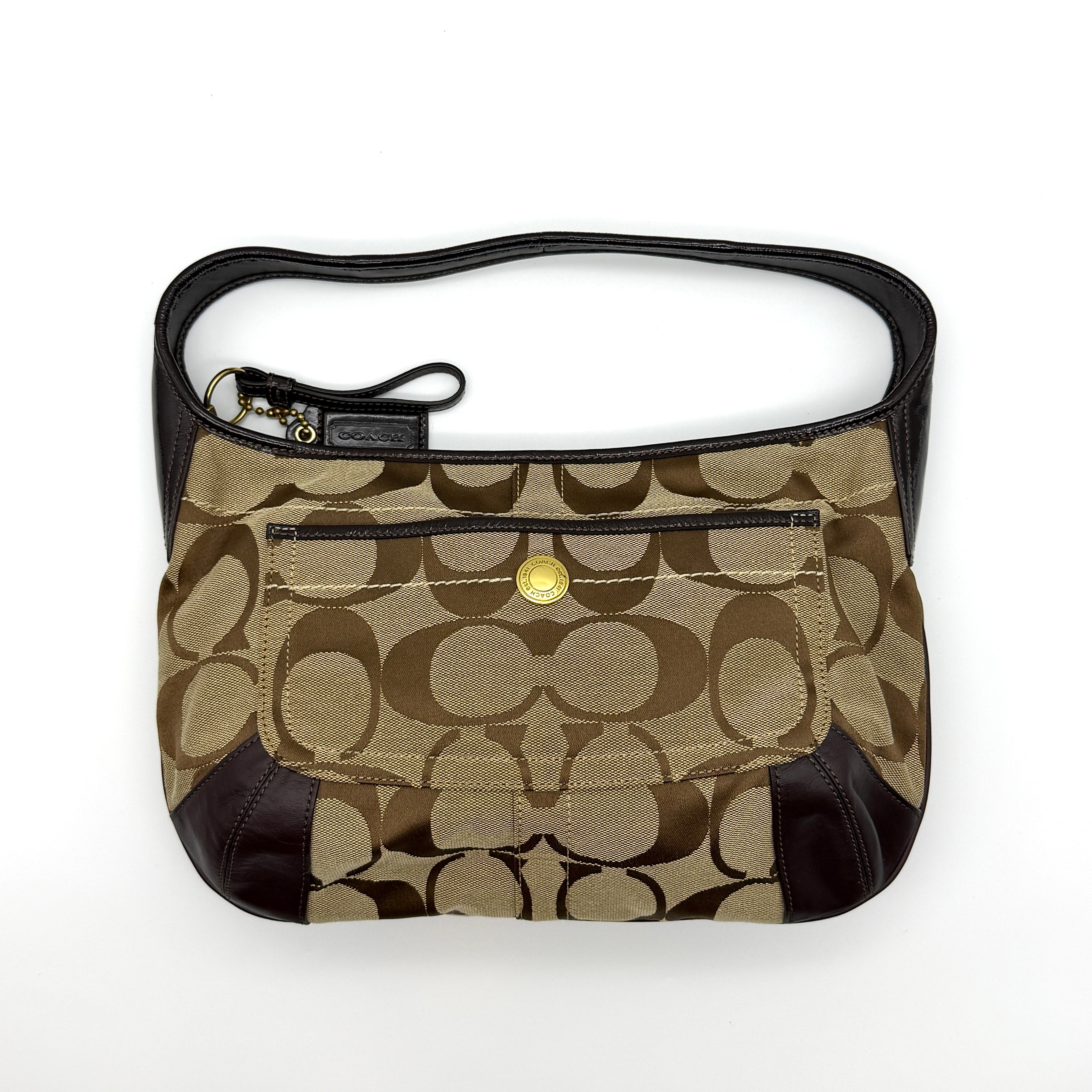 Coach Signature Ergo Shoulder Bag in beige monogram canvas with brown leather trim and gold-tone hardware