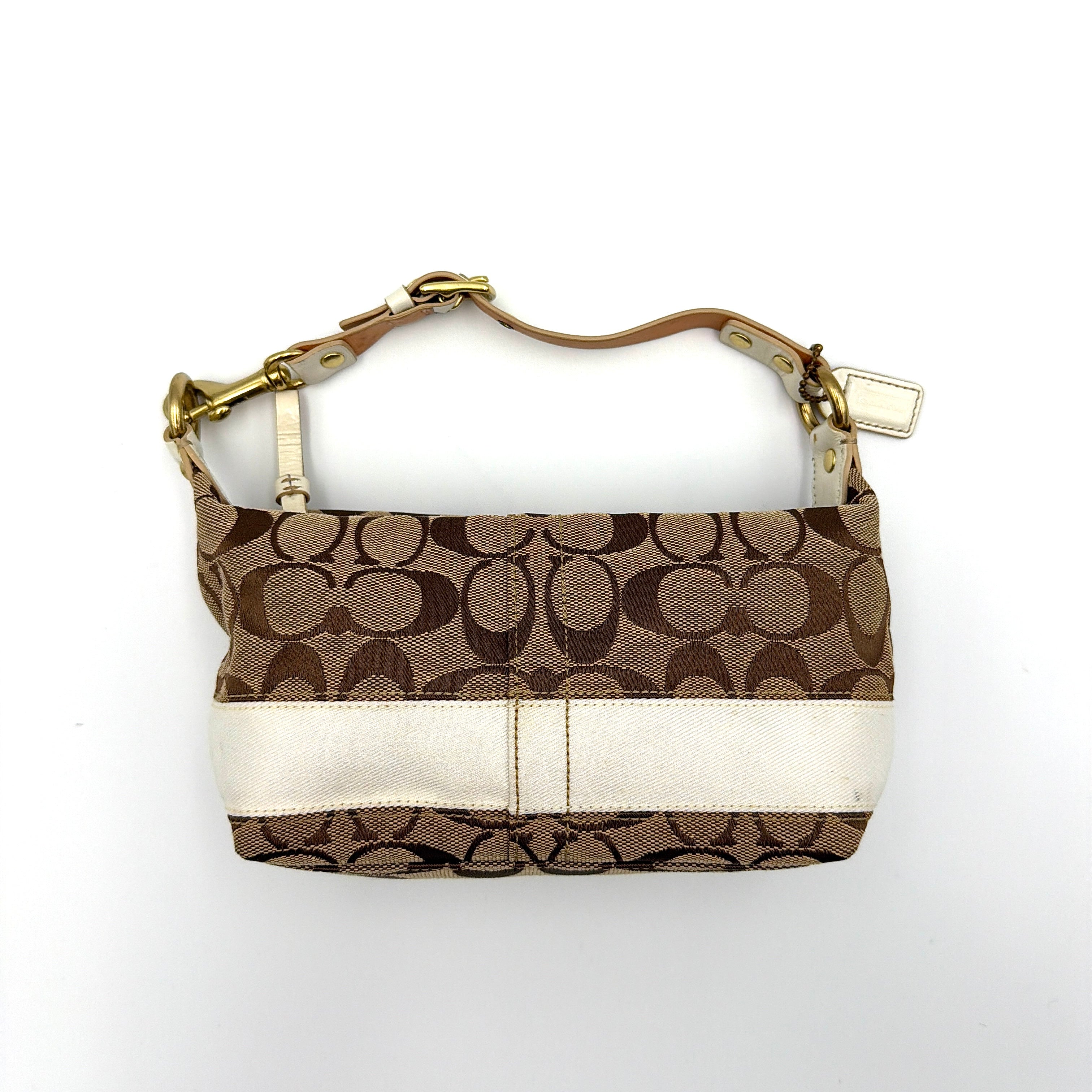 Coach Signature Stripe Mini Hobo Shoulder Bag in beige and white jacquard canvas with brass-tone hardware and adjustable strap