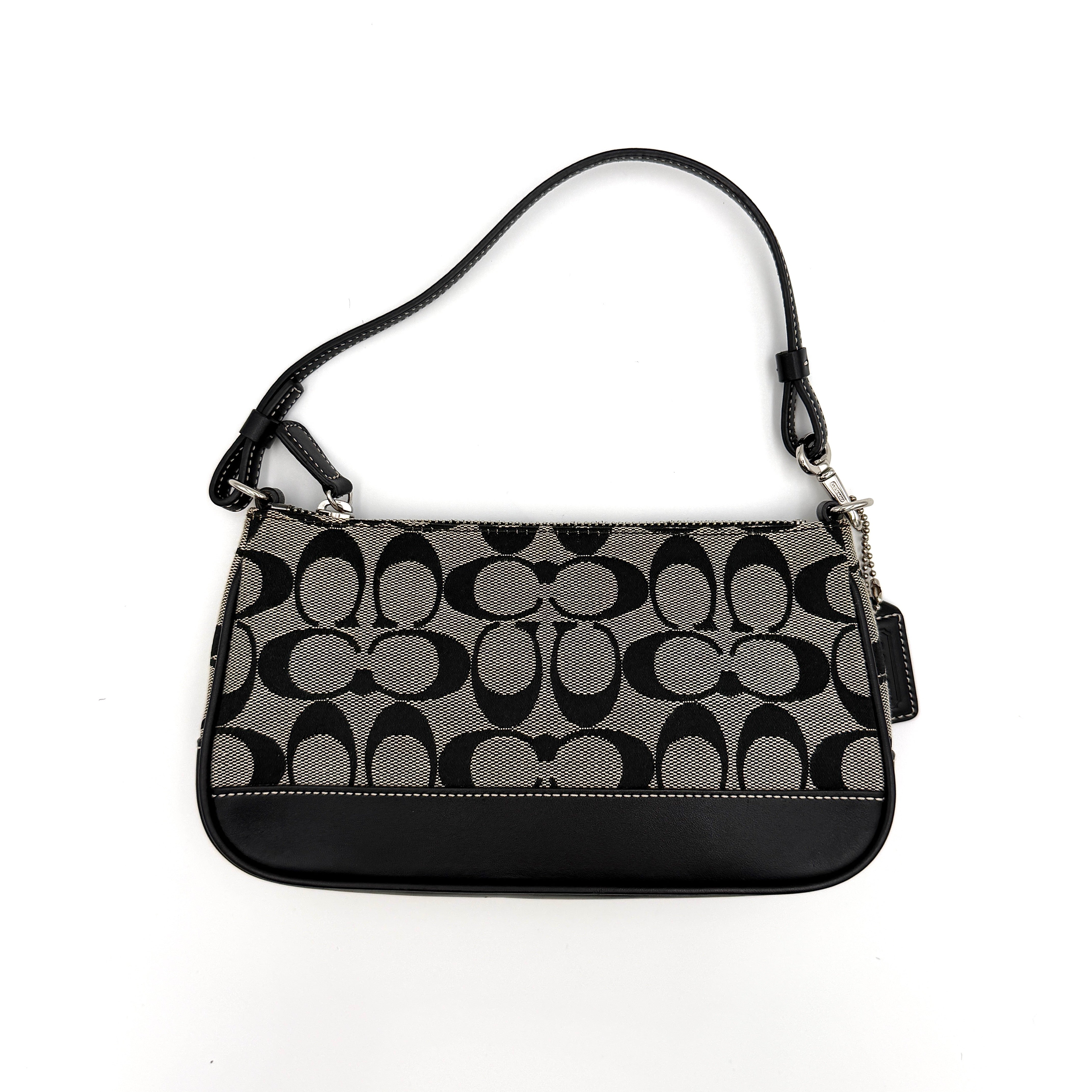 Coach Y2K Demi Shoulder Bag in black and grey signature jacquard canvas with leather trim and silver-tone hardware