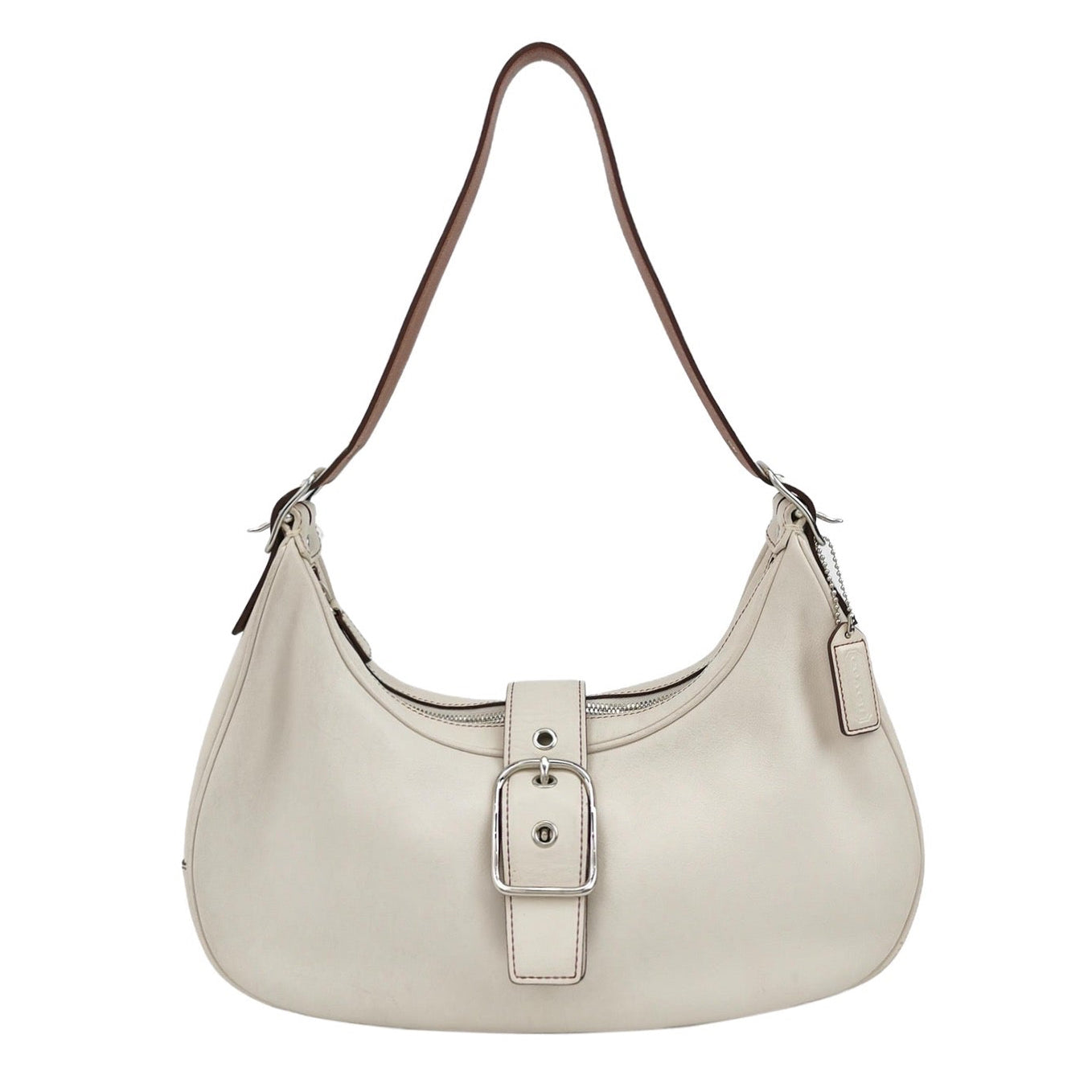 Coach Y2K Hampton Buckle Hobo Shoulder Bag in white smooth leather with silver-tone buckle and strap