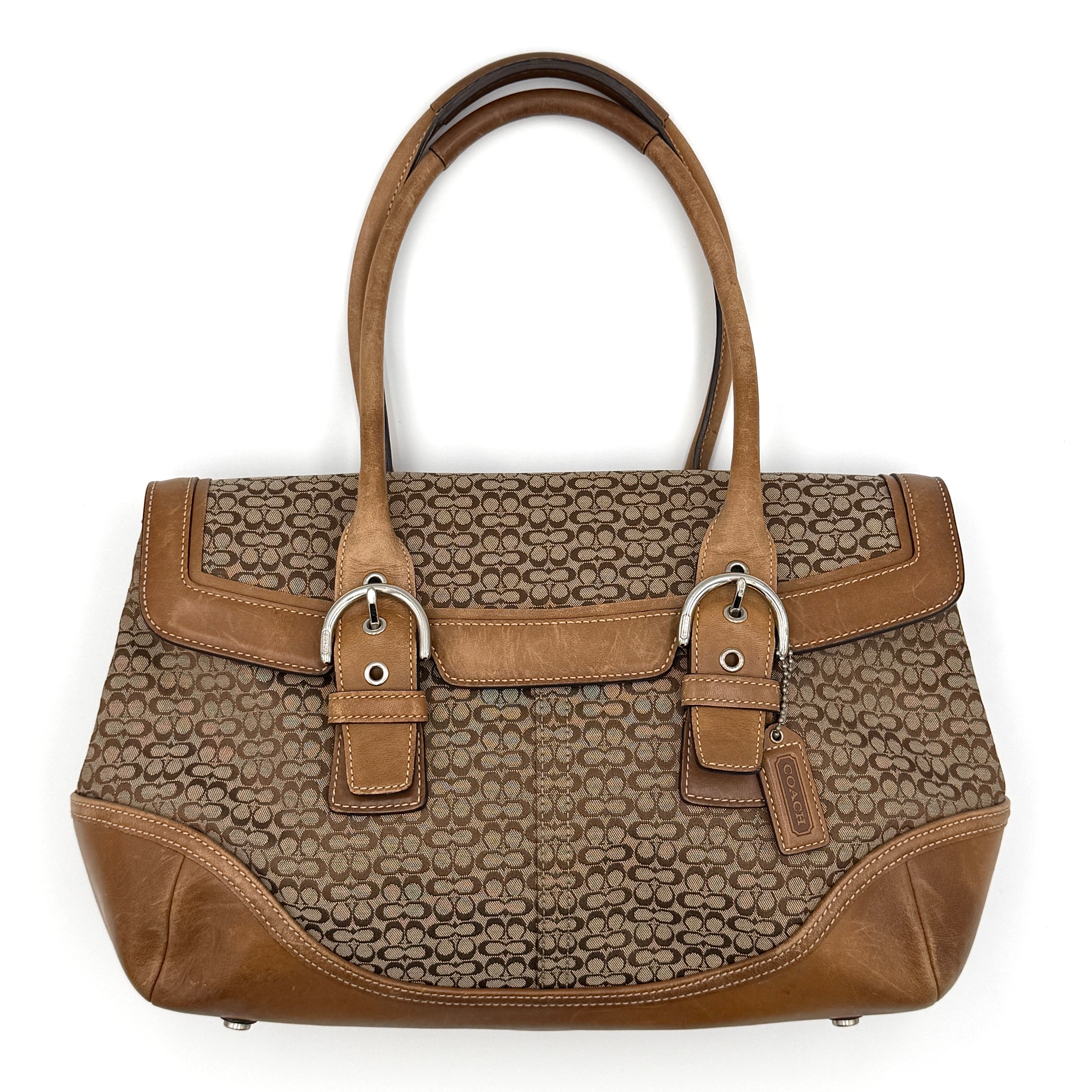 Coach Y2K Signature Soho Hampton Satchel Shoulder Bag in brown jacquard canvas with tan leather trim and silver-tone hardware