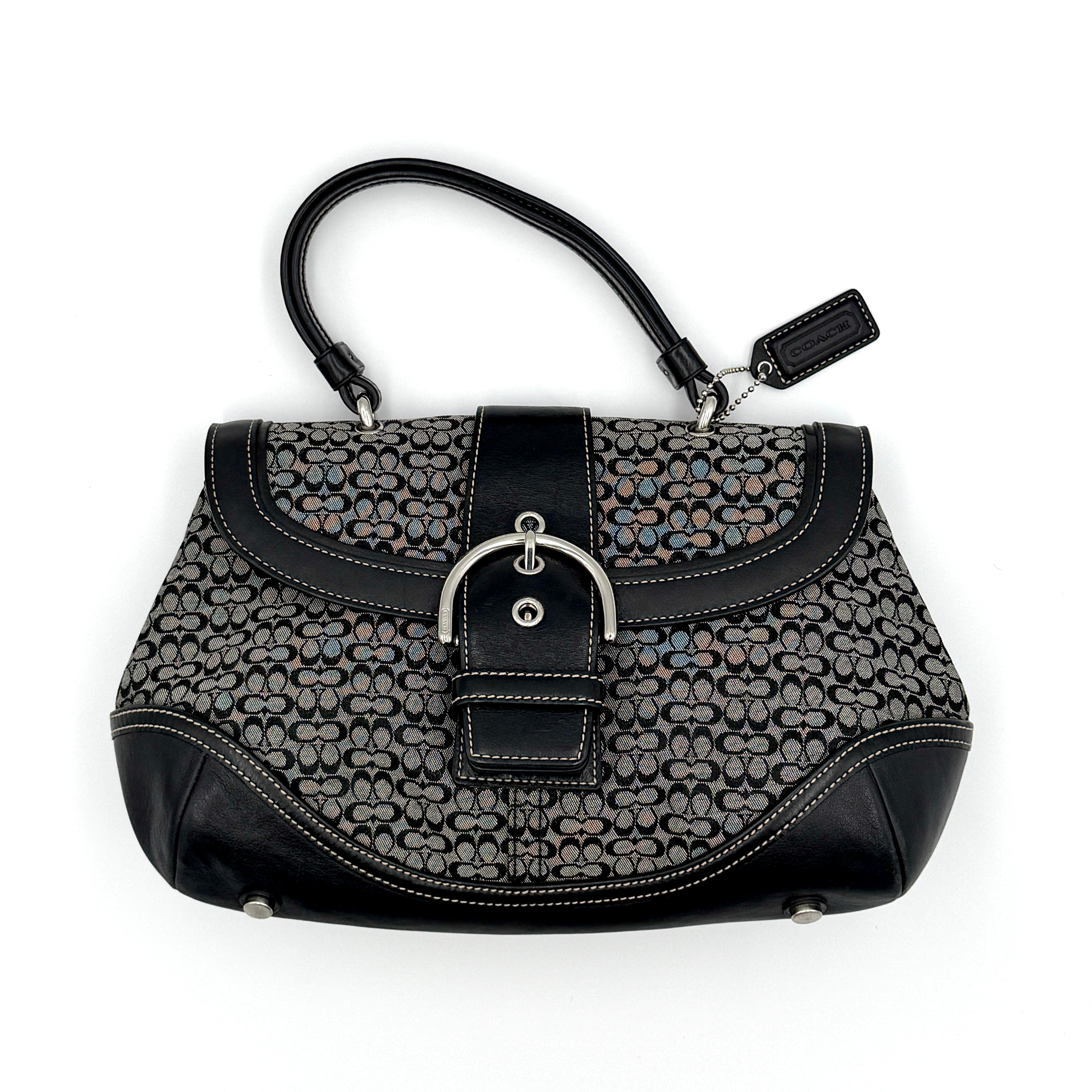 Coach Y2K Signature Soho Shoulder Bag in grey monogram canvas with black leather trim and silver-tone buckle closure