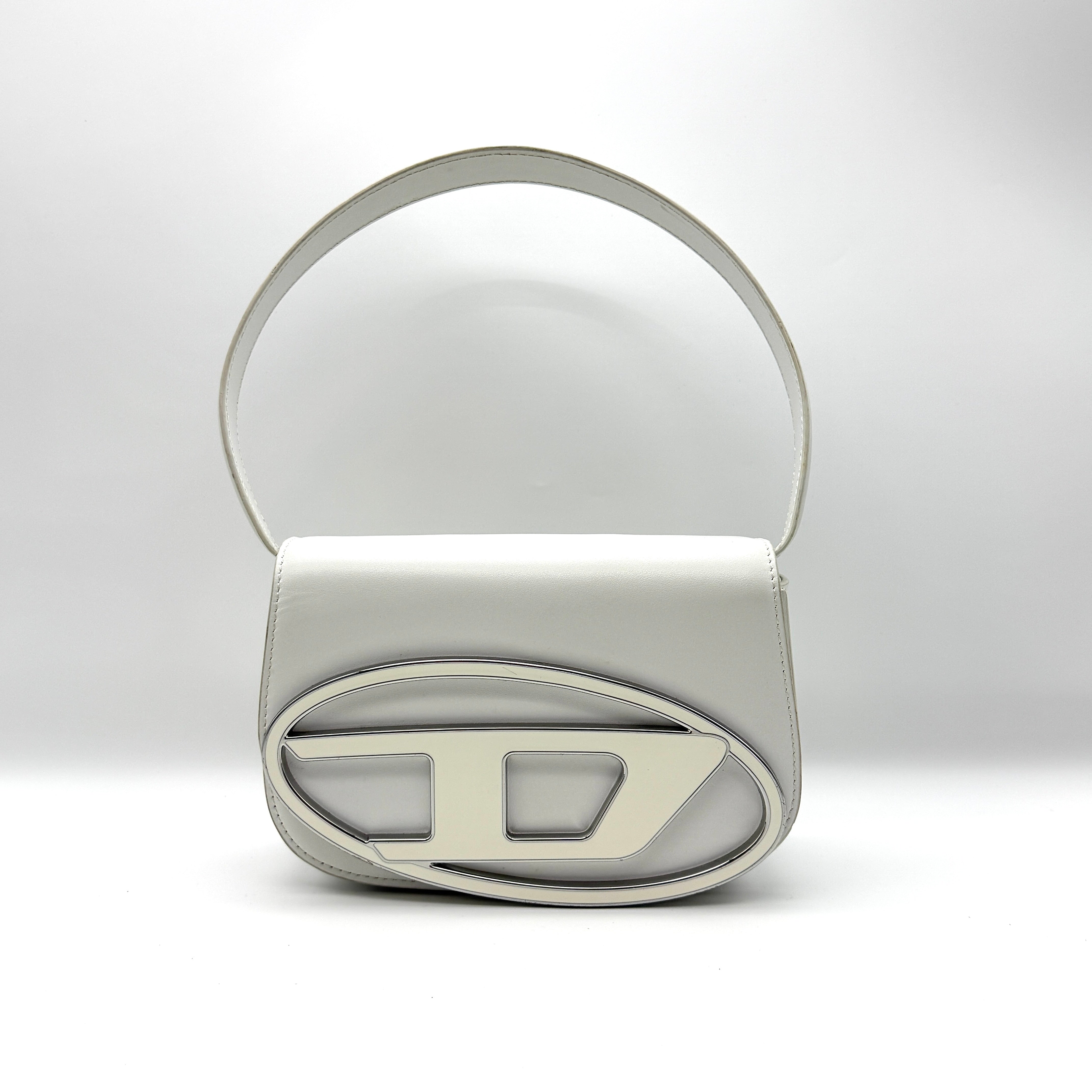 Diesel 1DR Plaque Shoulder Bag in white smooth leather with silver-tone D plaque and structured top handle