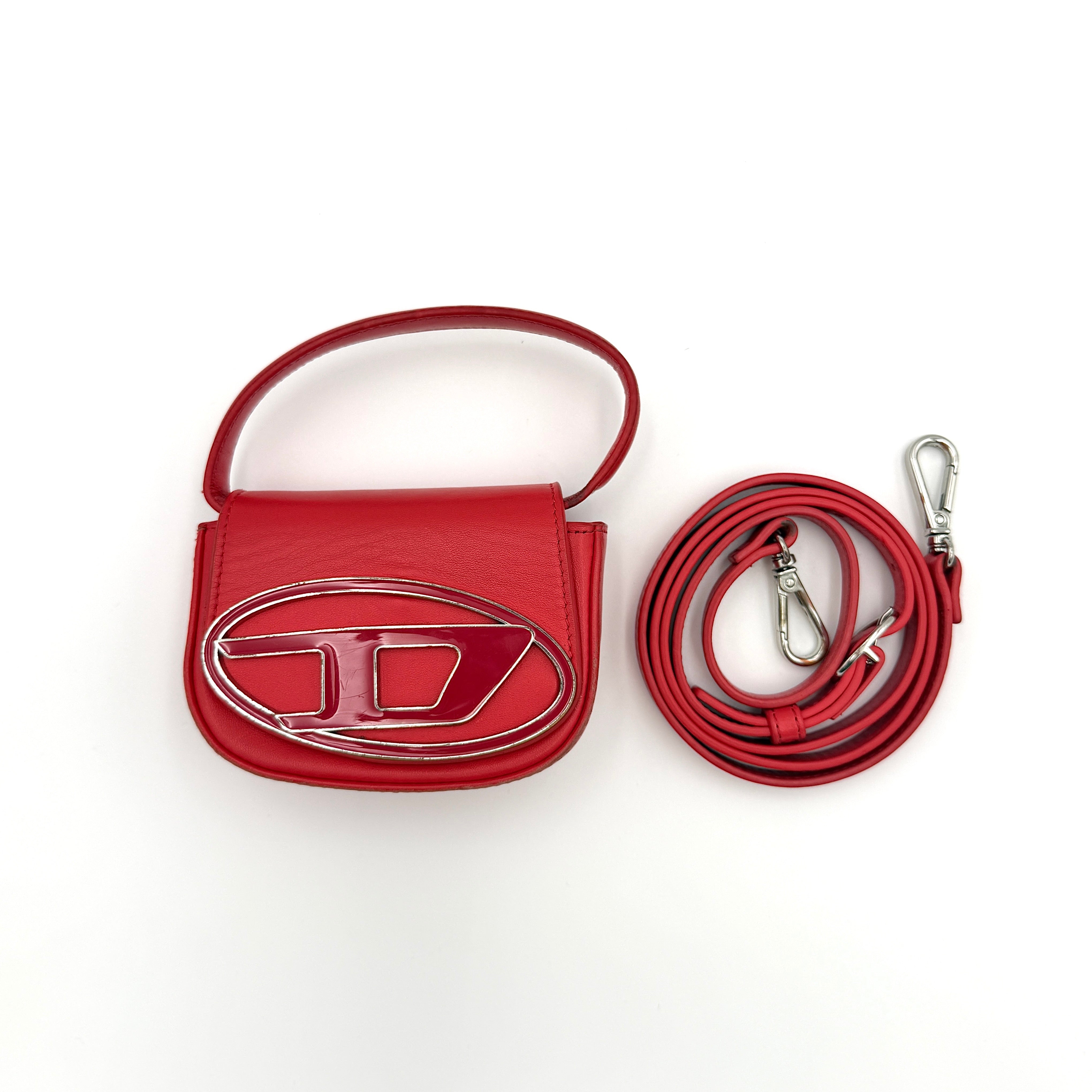 Diesel 1DR-XS Mini Bag in red leather with silver-tone and enamel logo plaque, featuring detachable crossbody strap