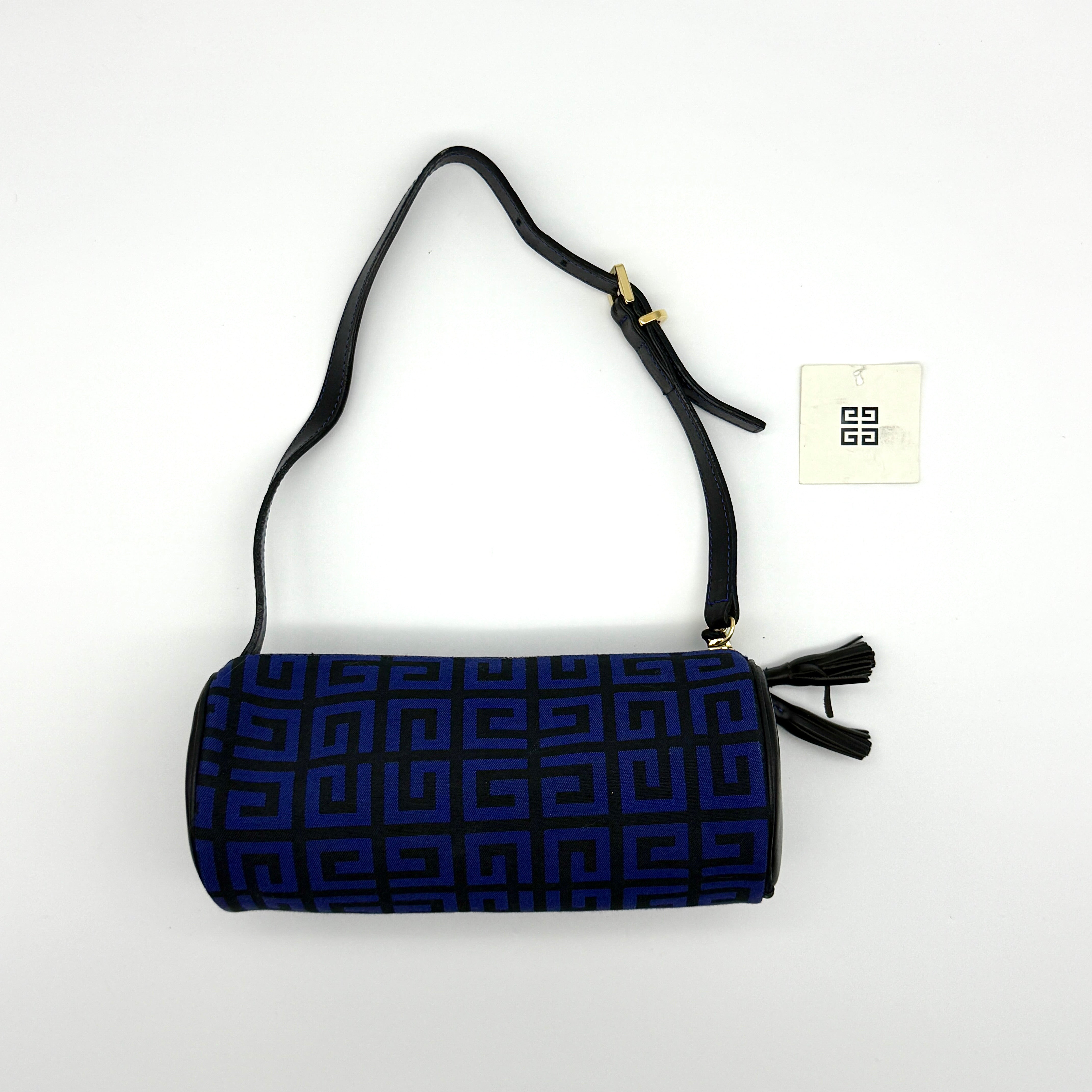 Givenchy 4G Monogram Baguette Bag in blue and black jacquard fabric with gold hardware and leather strap