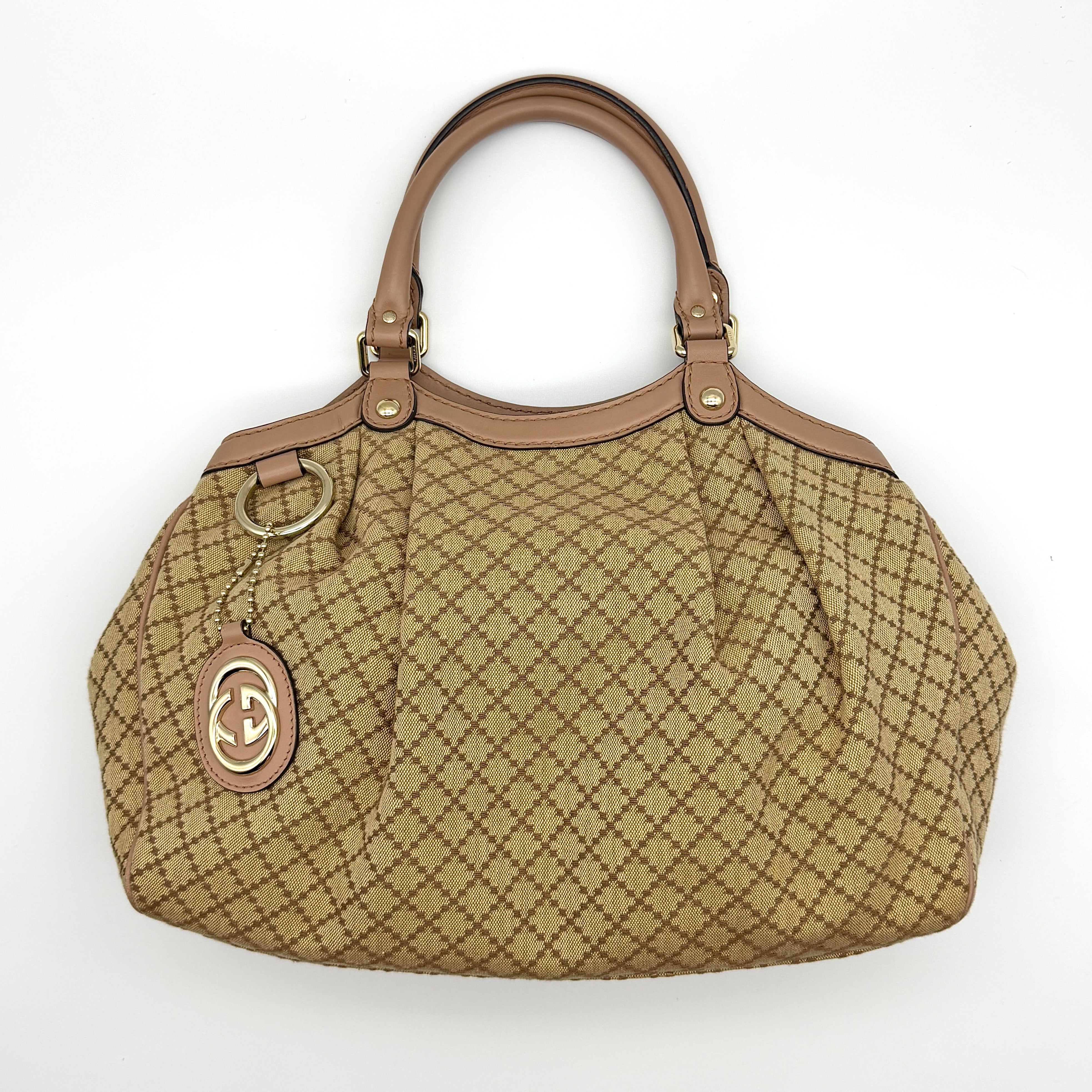 Gucci Diamante Sukey Shoulder Bag in beige canvas with salmon pink leather trim and gold-tone hardware.