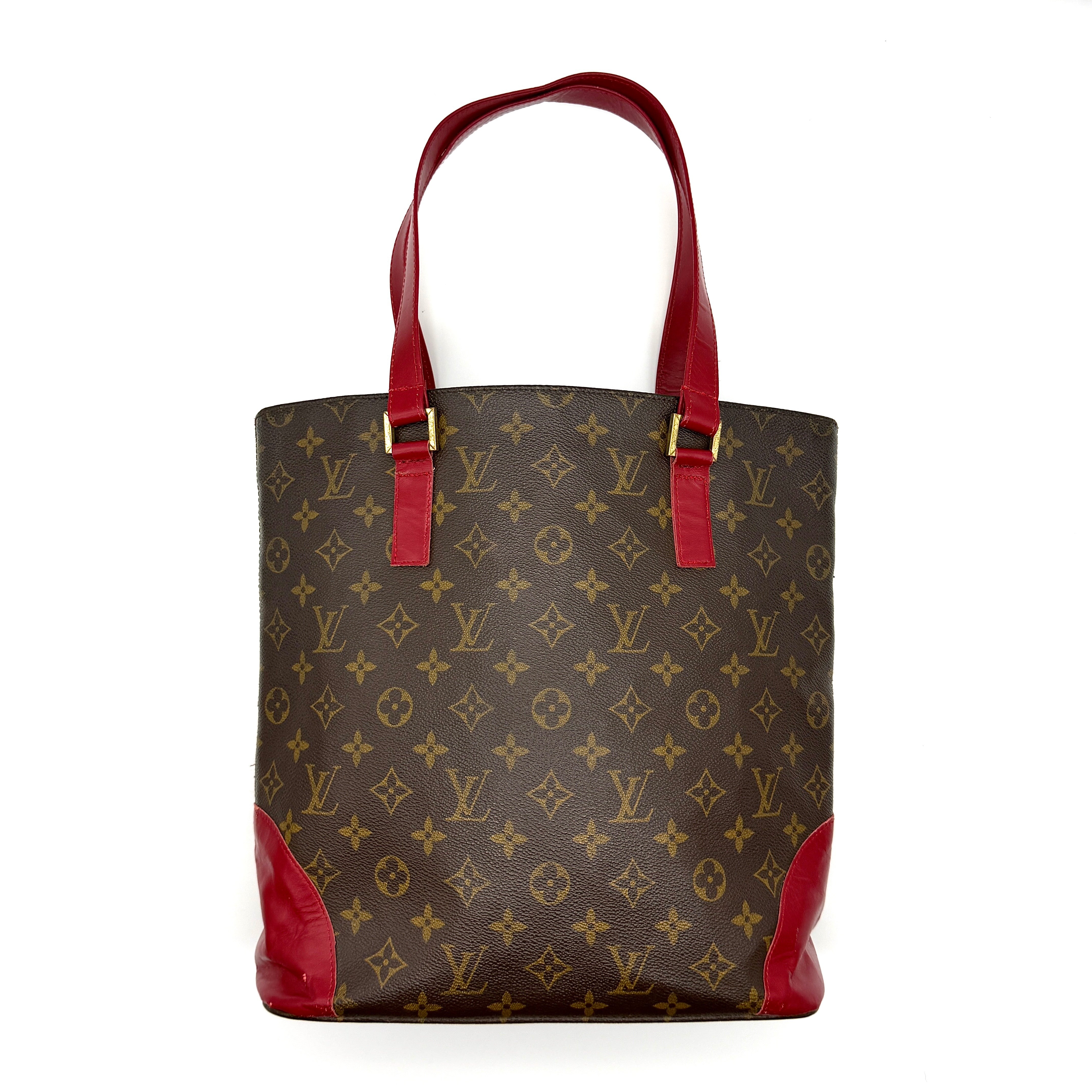 Louis Vuitton Monogram Vavin MM Tote Bag in brown coated canvas with red leather handles and gold-tone hardware