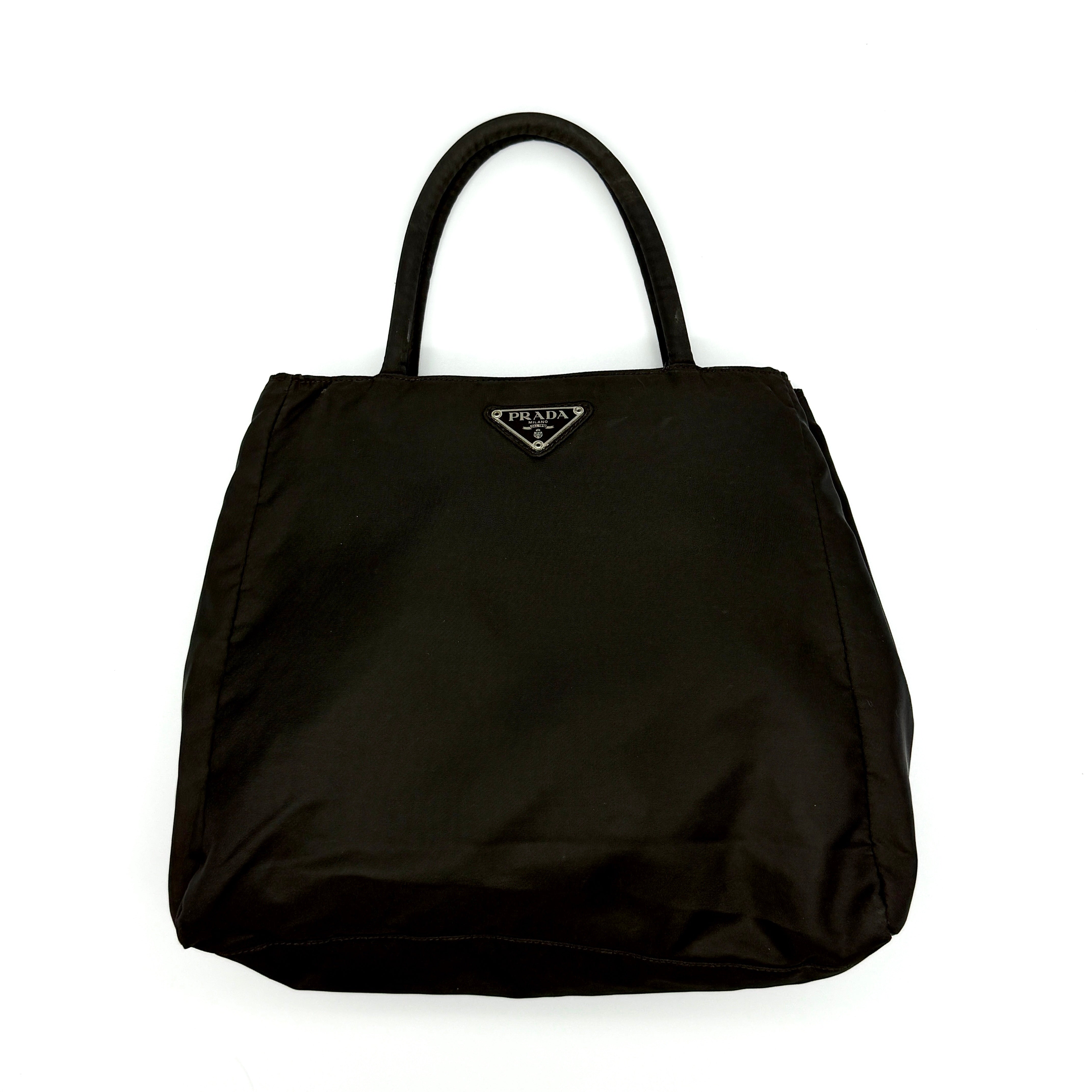 Prada Tessuto Nylon City Tote Bag in black nylon with silver-tone hardware and Prada enamel logo