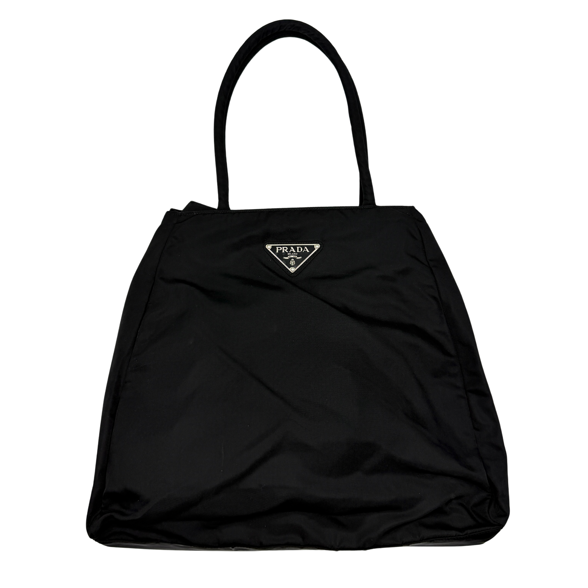 Prada Tessuto Nylon City Tote Bag in black with silver-tone hardware and enamel logo plaque