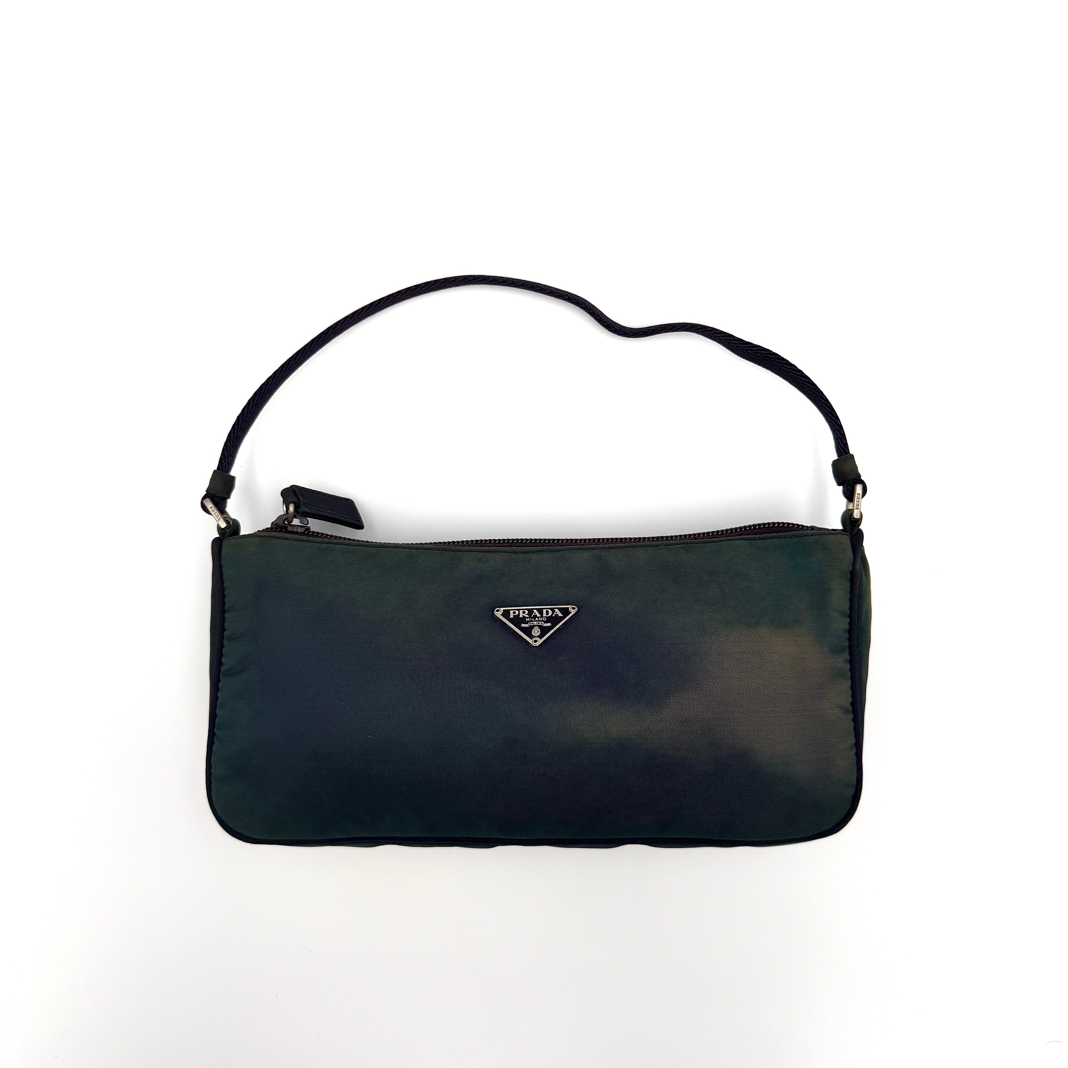 Prada Tessuto Nylon Pochette Shoulder Bag in iridescent green nylon with silver-tone logo plaque and zip closure