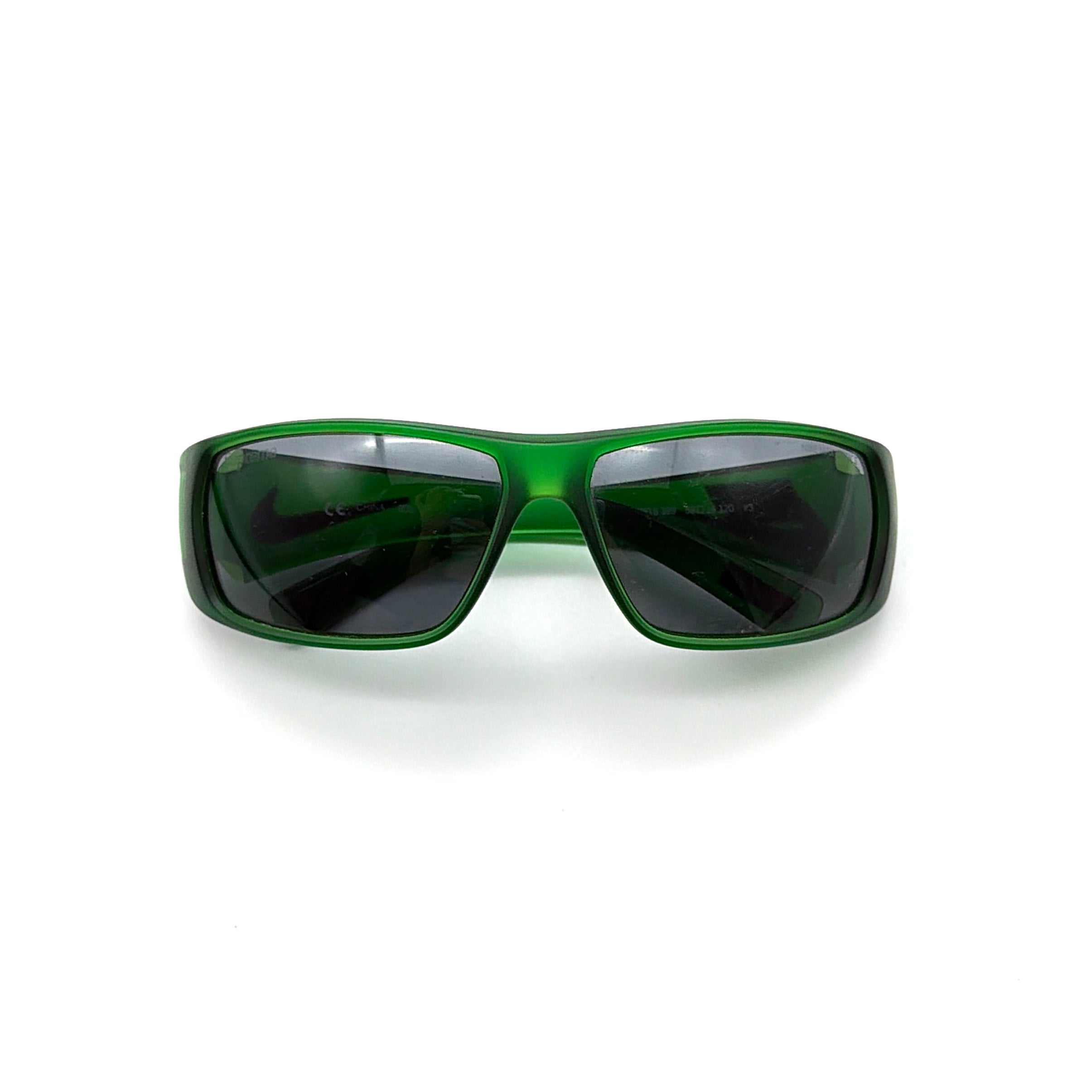 Supreme x Nike Molten Sunglasses in Frosted Green translucent frame with black UV lenses and dual-branded logos at temples