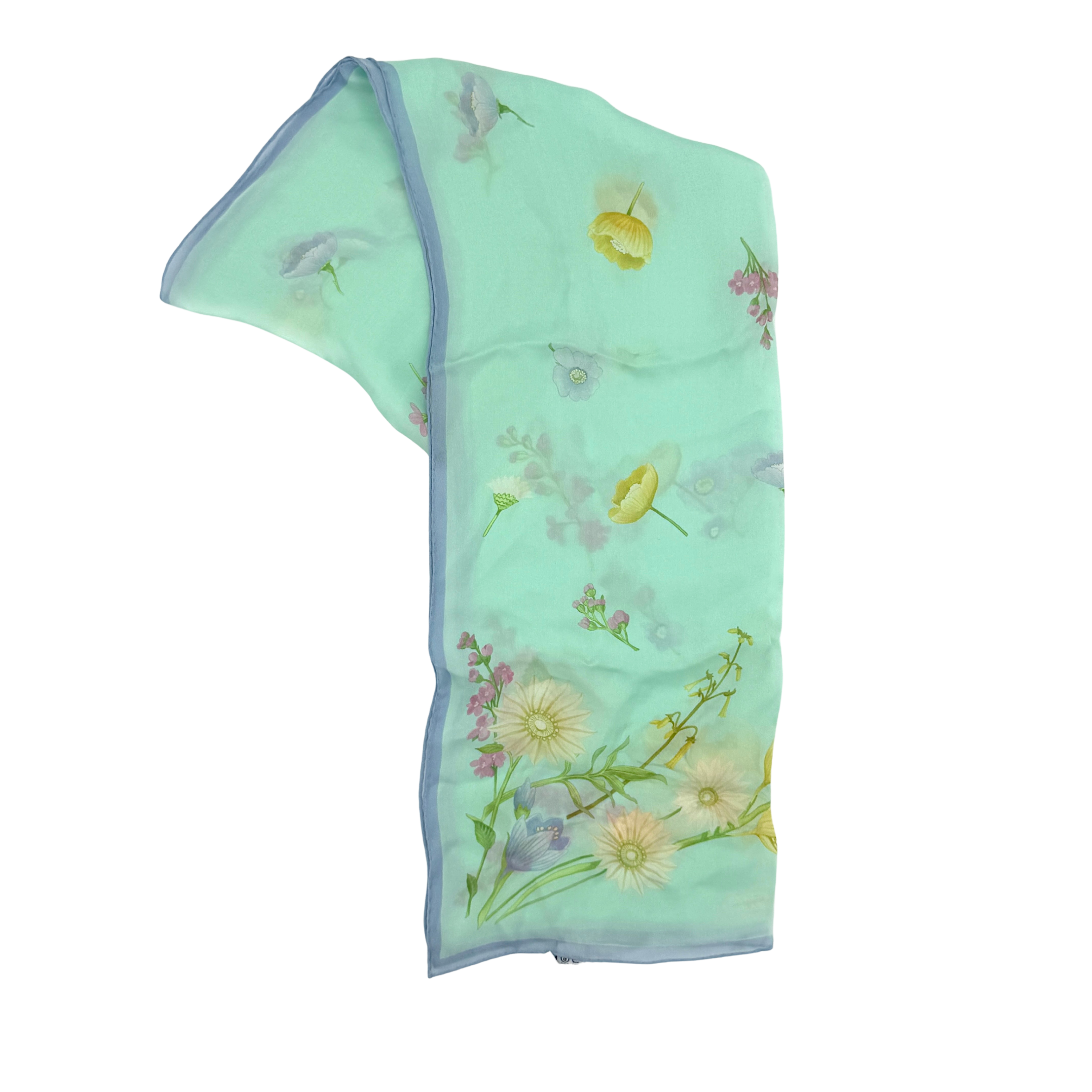 Salvatore Ferragamo floral silk scarf featuring a pastel botanical print in mint and light blue tones with a soft border, shown laid flat and folded with brand tag details.