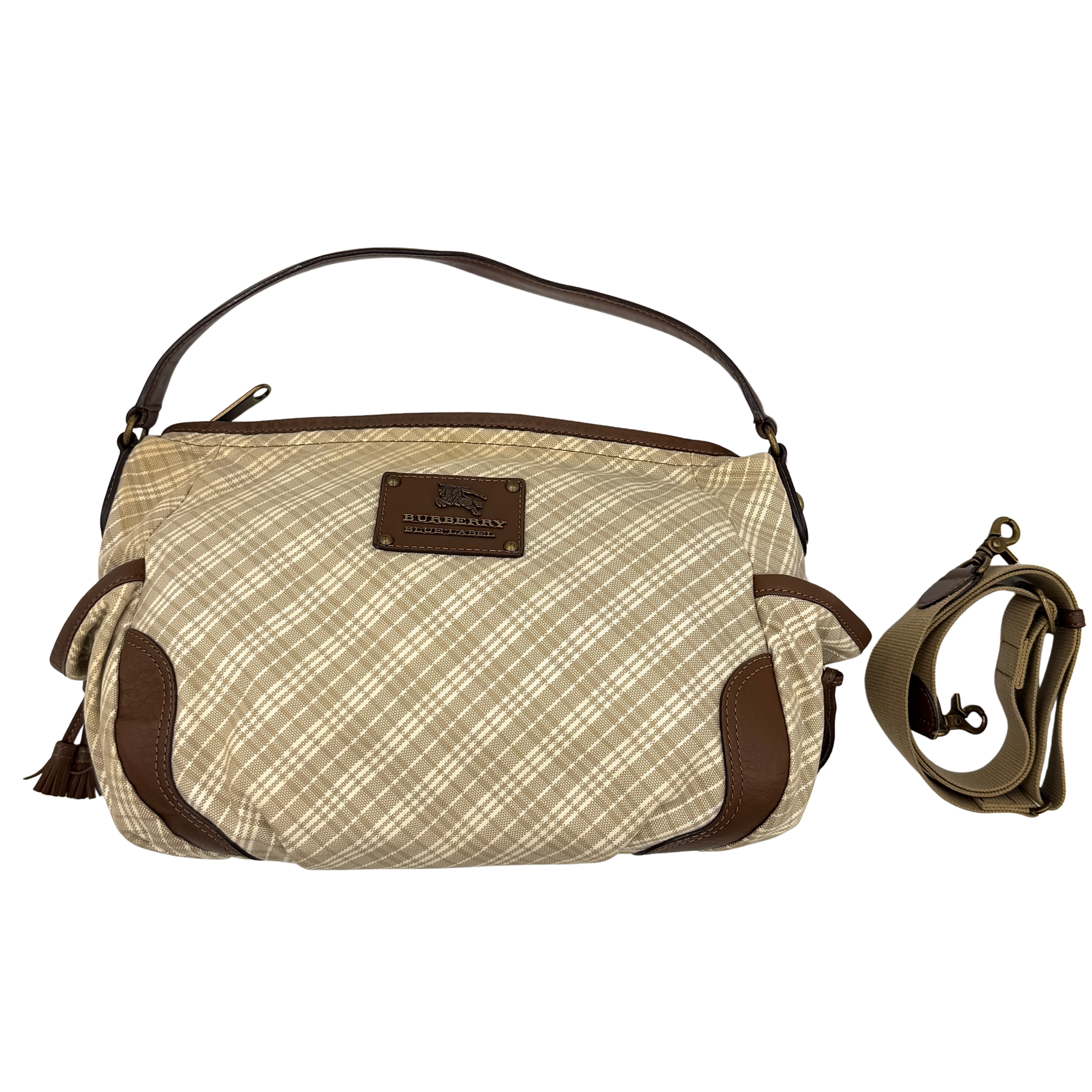 Burberry 2Way Nova Check shoulder bag in cream and light brown with iconic pattern, dual handles, and structured design