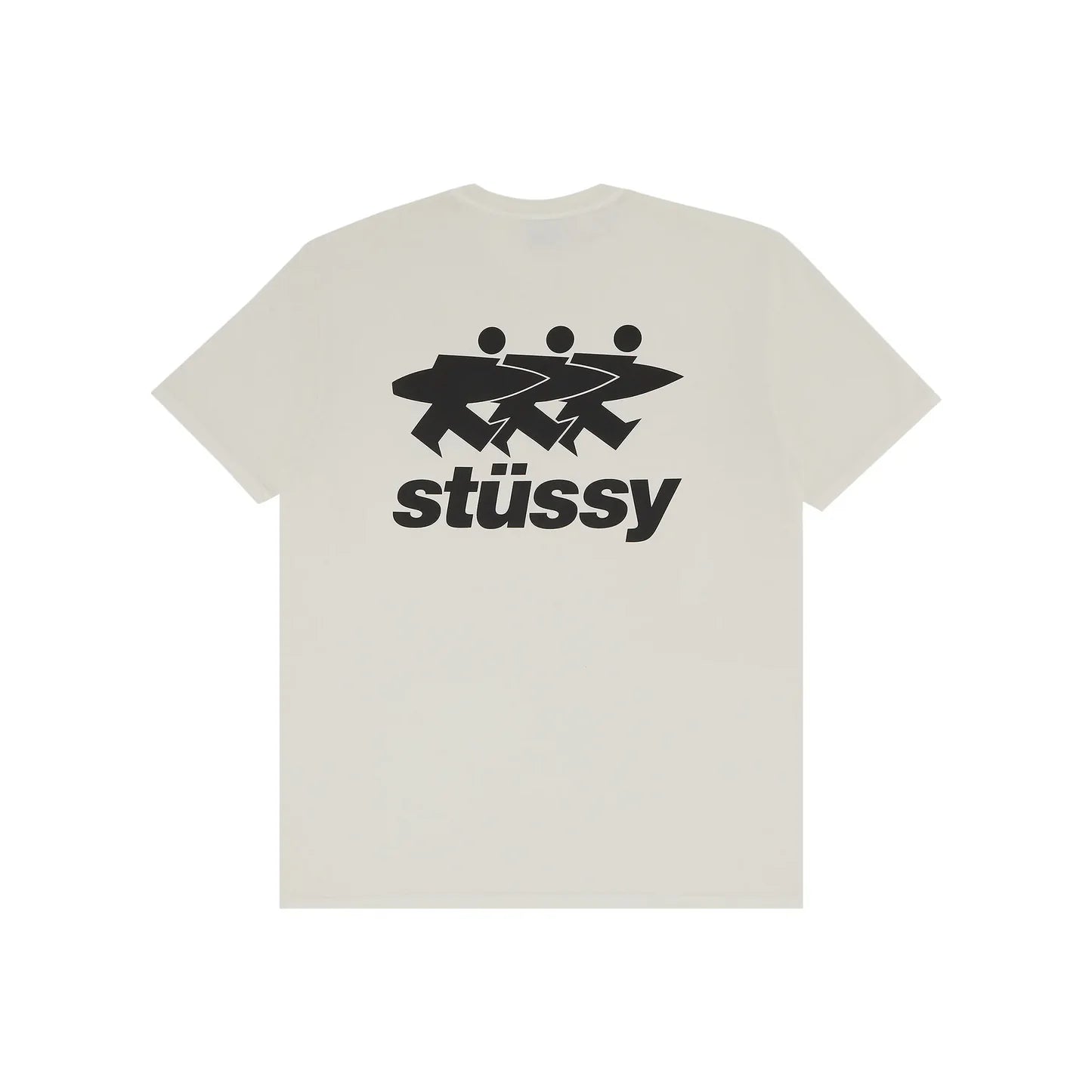 Stussy Surfwalk Tee Natural (SS24), beige cotton T-shirt with black triple surfer graphic on back and left chest.