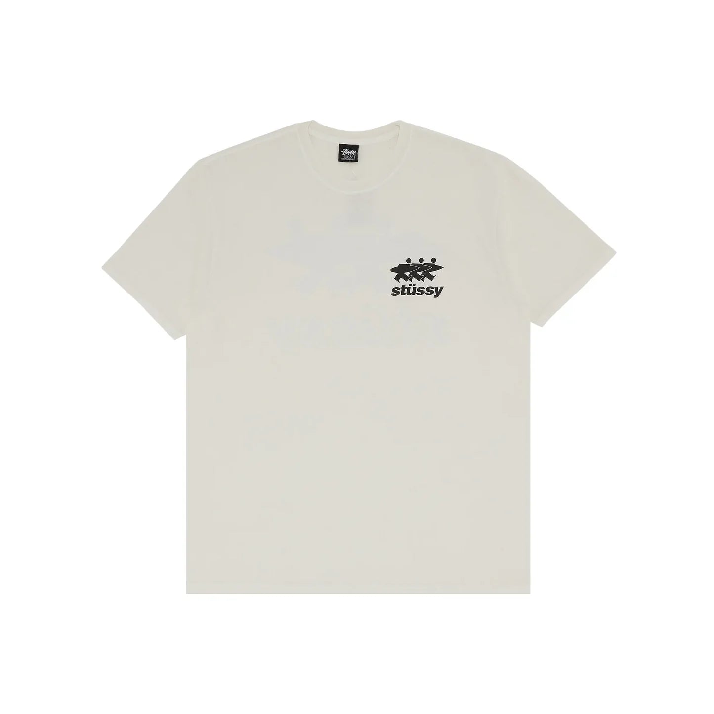 Stussy Surfwalk Tee Natural (SS24), beige cotton T-shirt with black triple surfer graphic on back and left chest.