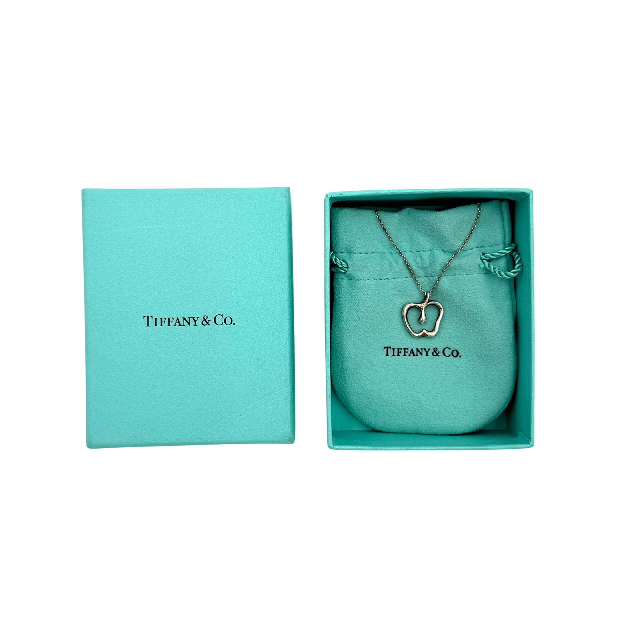 Tiffany & Co. Elsa Peretti Apple Necklace in silver, featuring an apple-shaped pendant on a delicate chain in its original packaging.