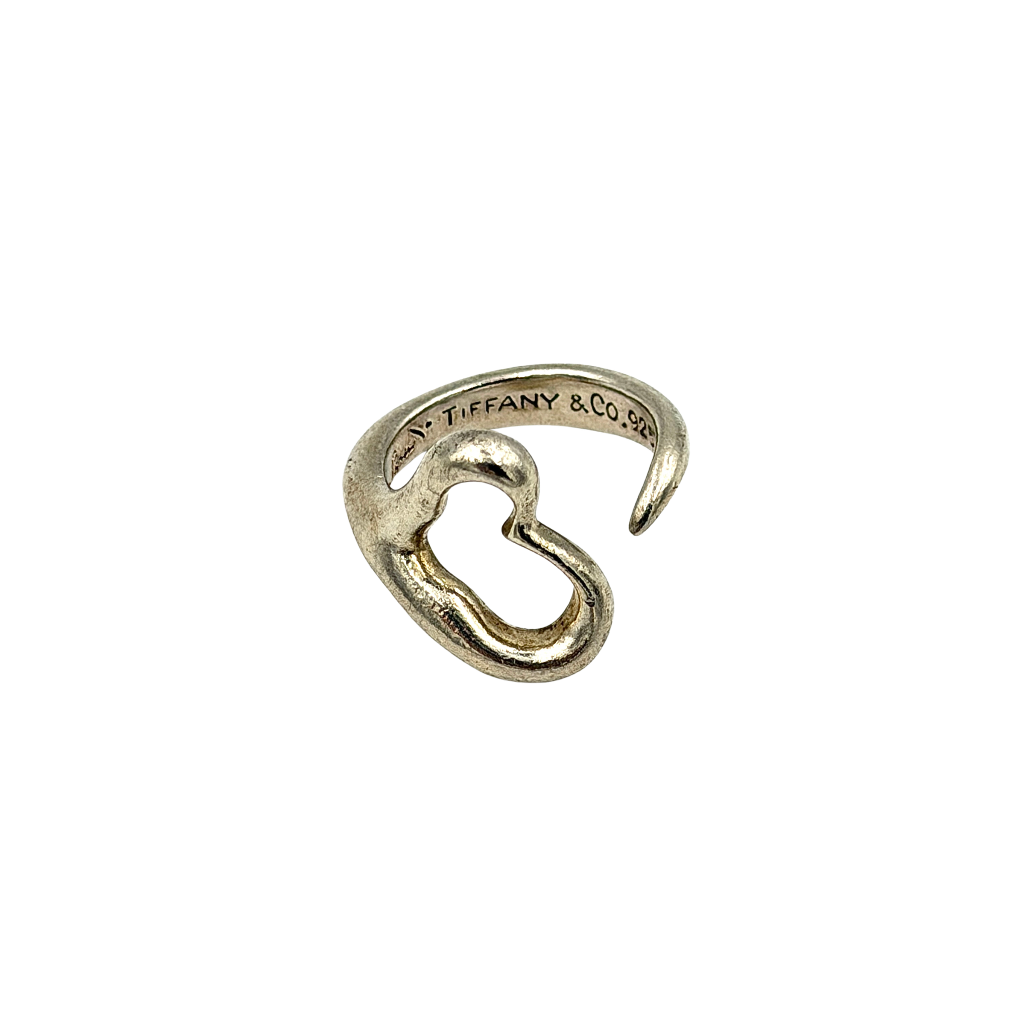 Tiffany & Co. Elsa Peretti open heart ring in silver, showcasing a minimalist open heart design with reflective finish