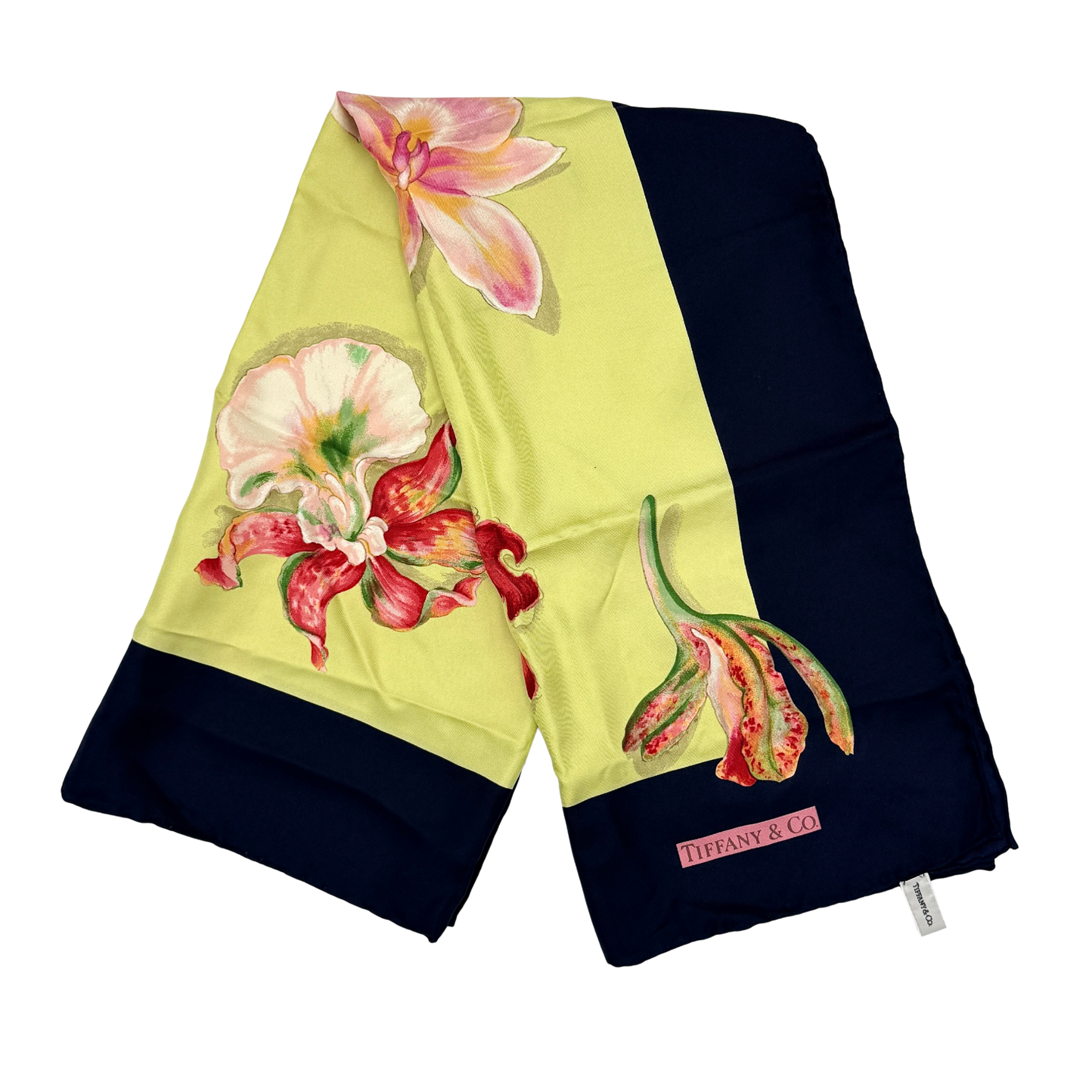 Tiffany & Co. floral silk scarf in multicolor with elegant floral design and Tiffany & Co. label.