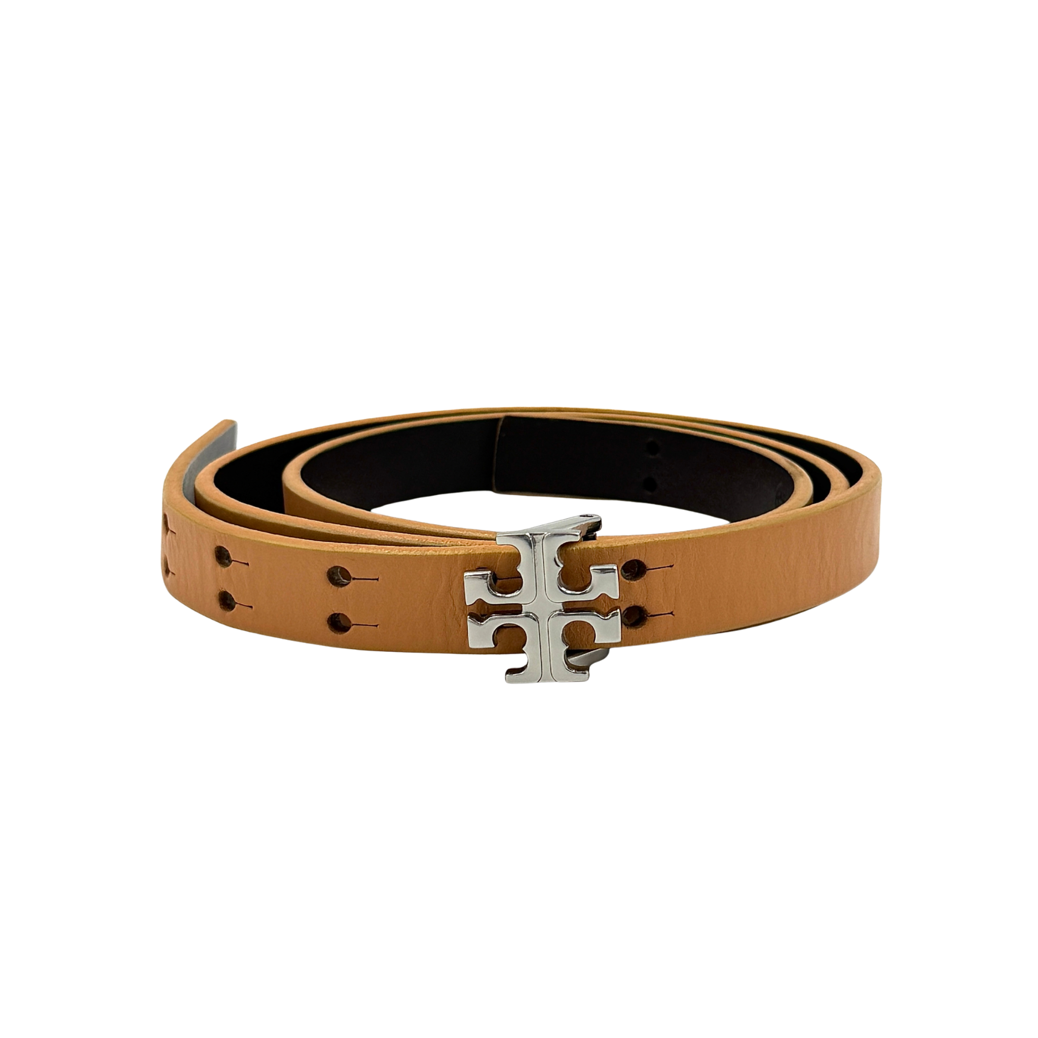 Tory Burch brown belt with iconic logo buckle and sleek, versatile design