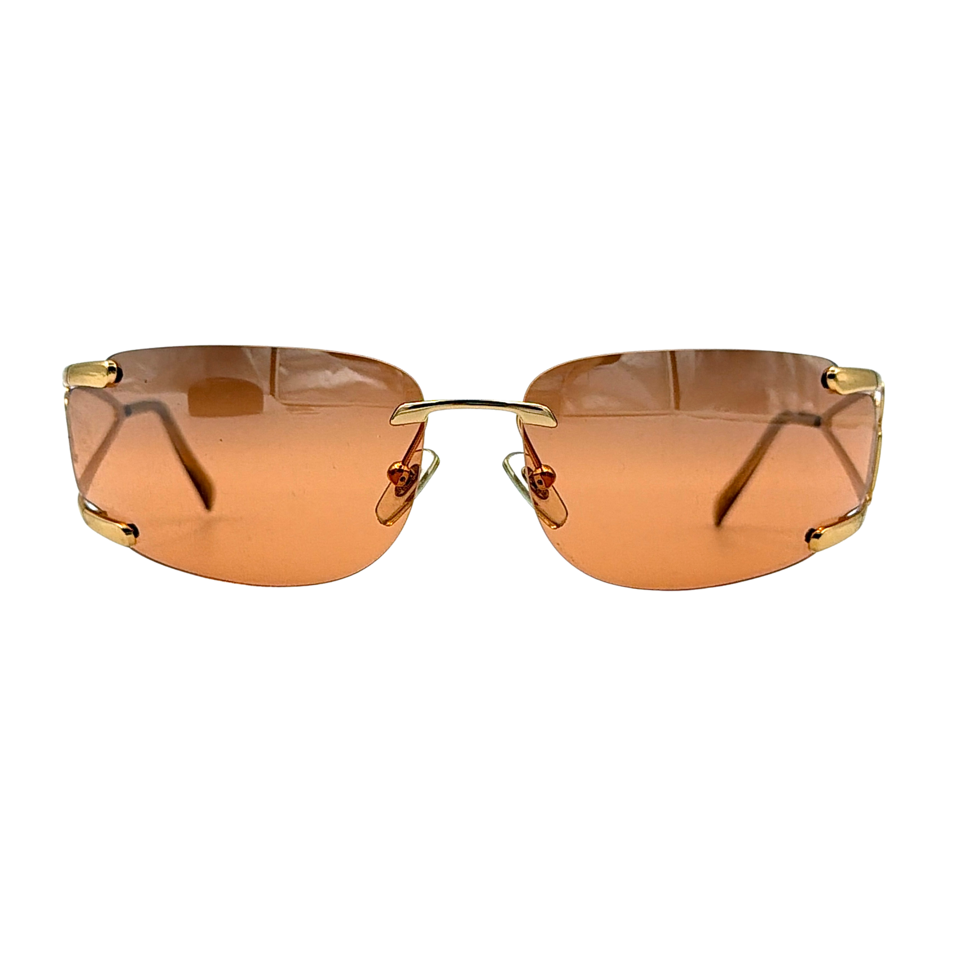 Versace rimless sunglasses with gold-tone hardware and amber-tinted lenses, shown with side profile and included case.