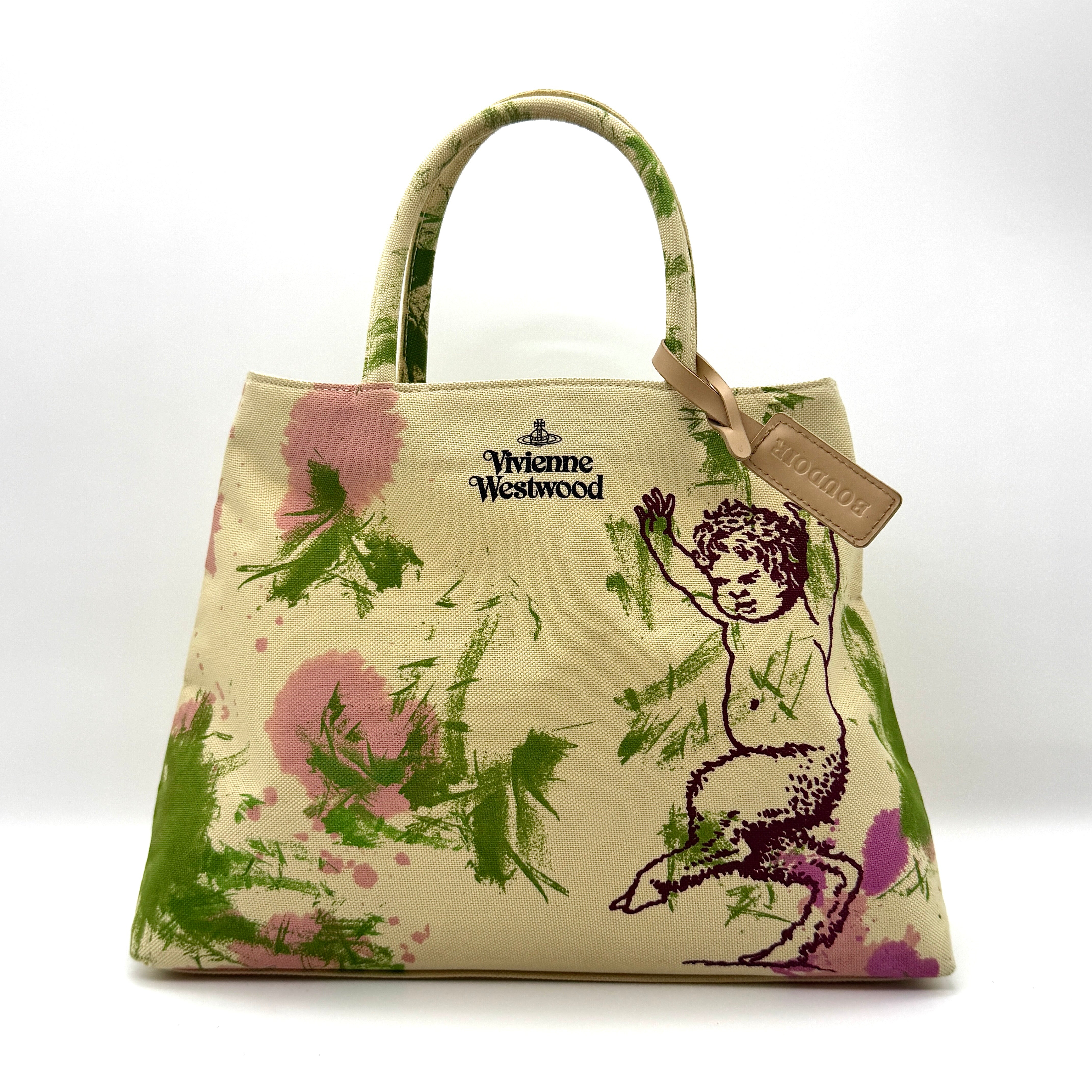 Vivienne Westwood Boudoir Tote Bag in beige printed canvas with green and pink paint strokes and Boudoir leather tag