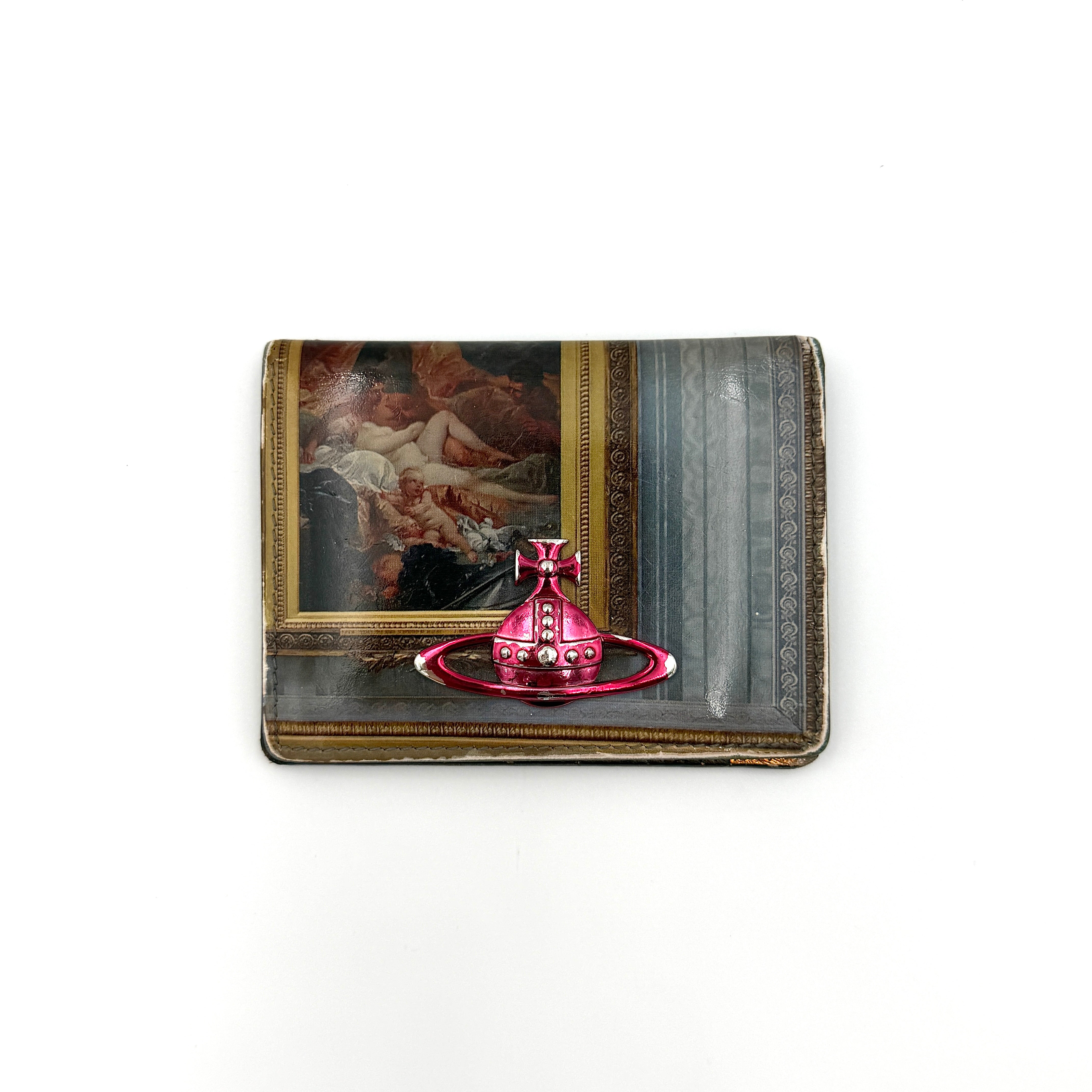 Vivienne Westwood Orb Art Museum cardholder in multicolor art-inspired print featuring the iconic pink-tone orb emblem and slim card slot design.