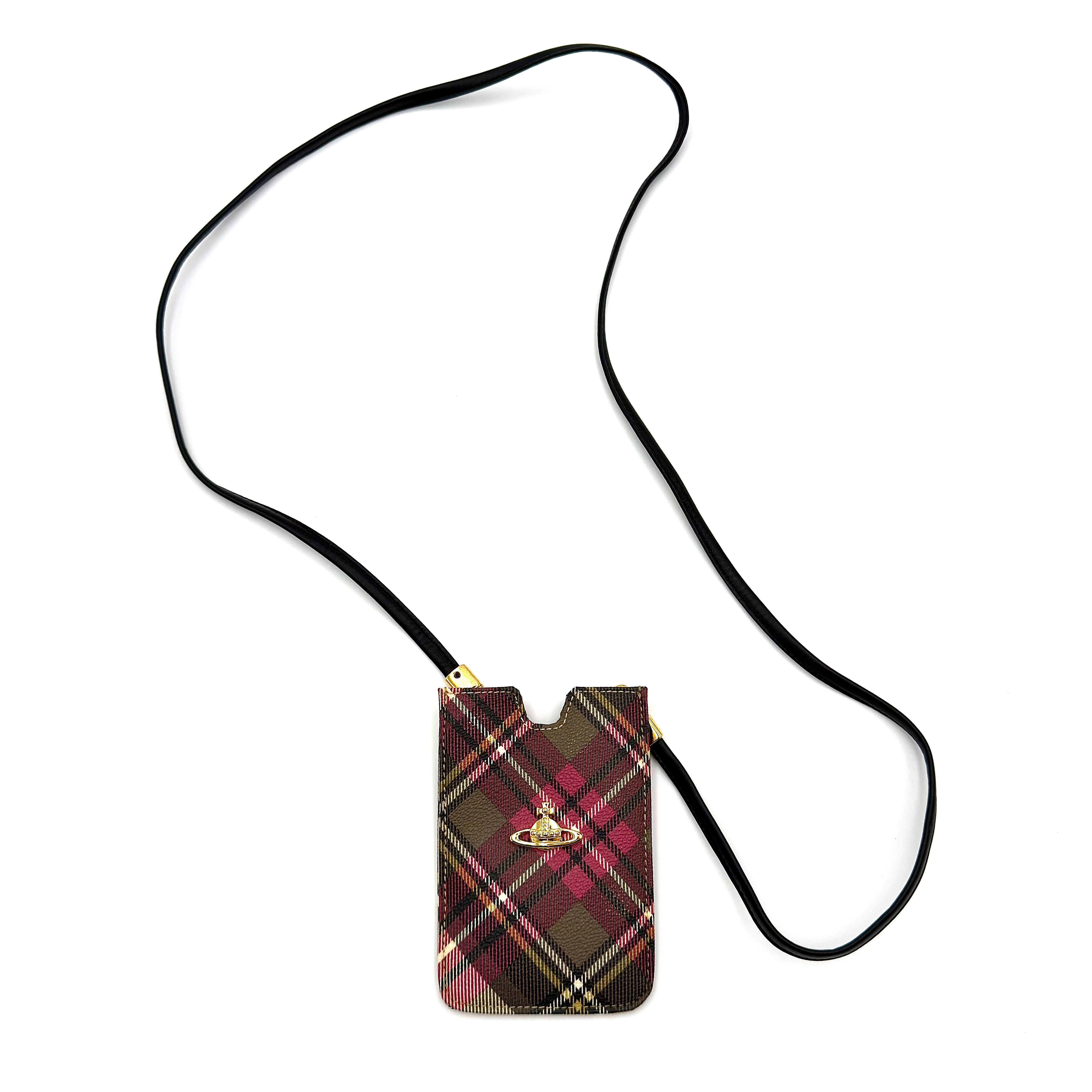 Vivienne Westwood multicolor tartan card case with gold-tone Orb emblem and long leather strap.
