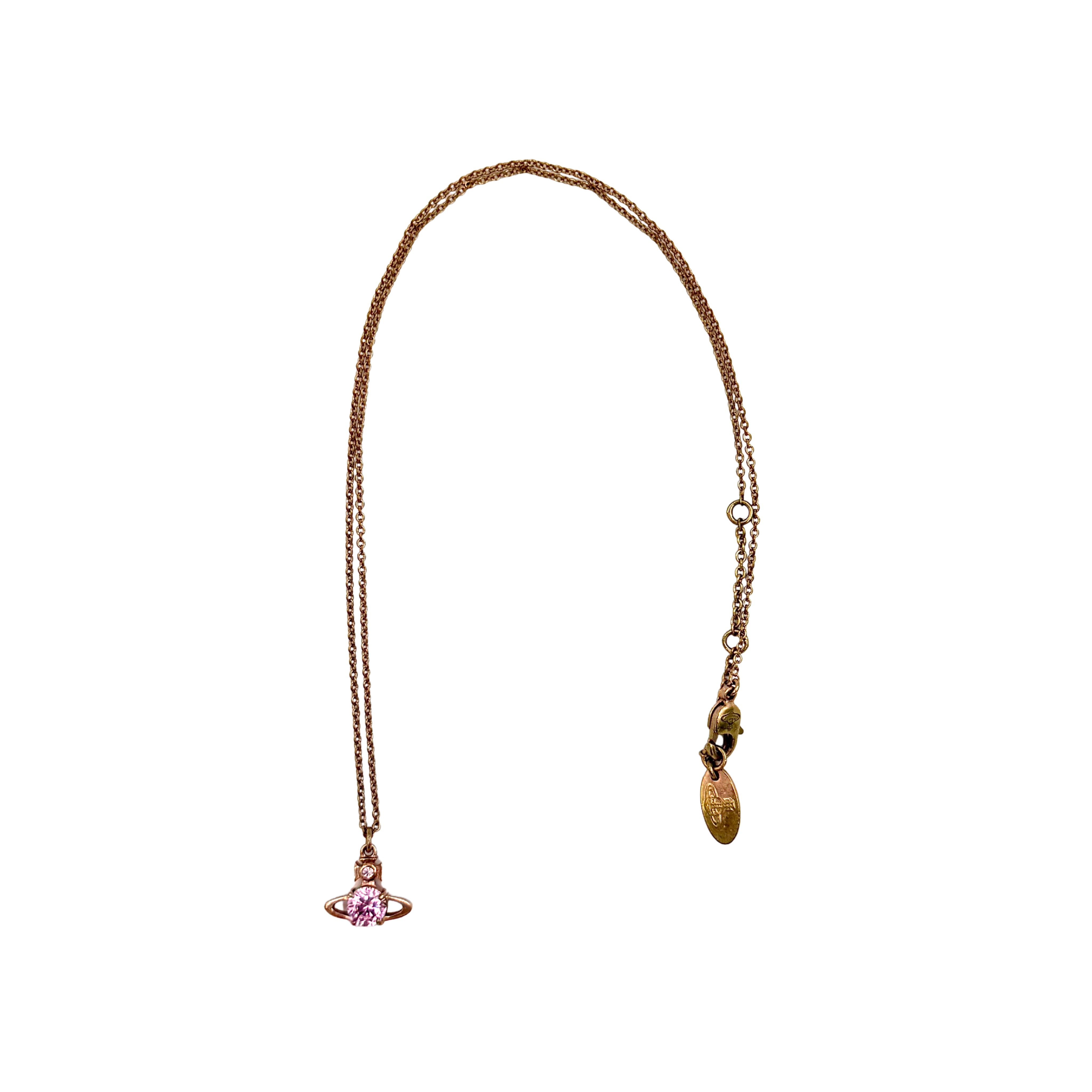 Vivienne Westwood Orb Reina Necklace in rose gold featuring the iconic orb pendant with pink crystal detailing and a delicate chain design.