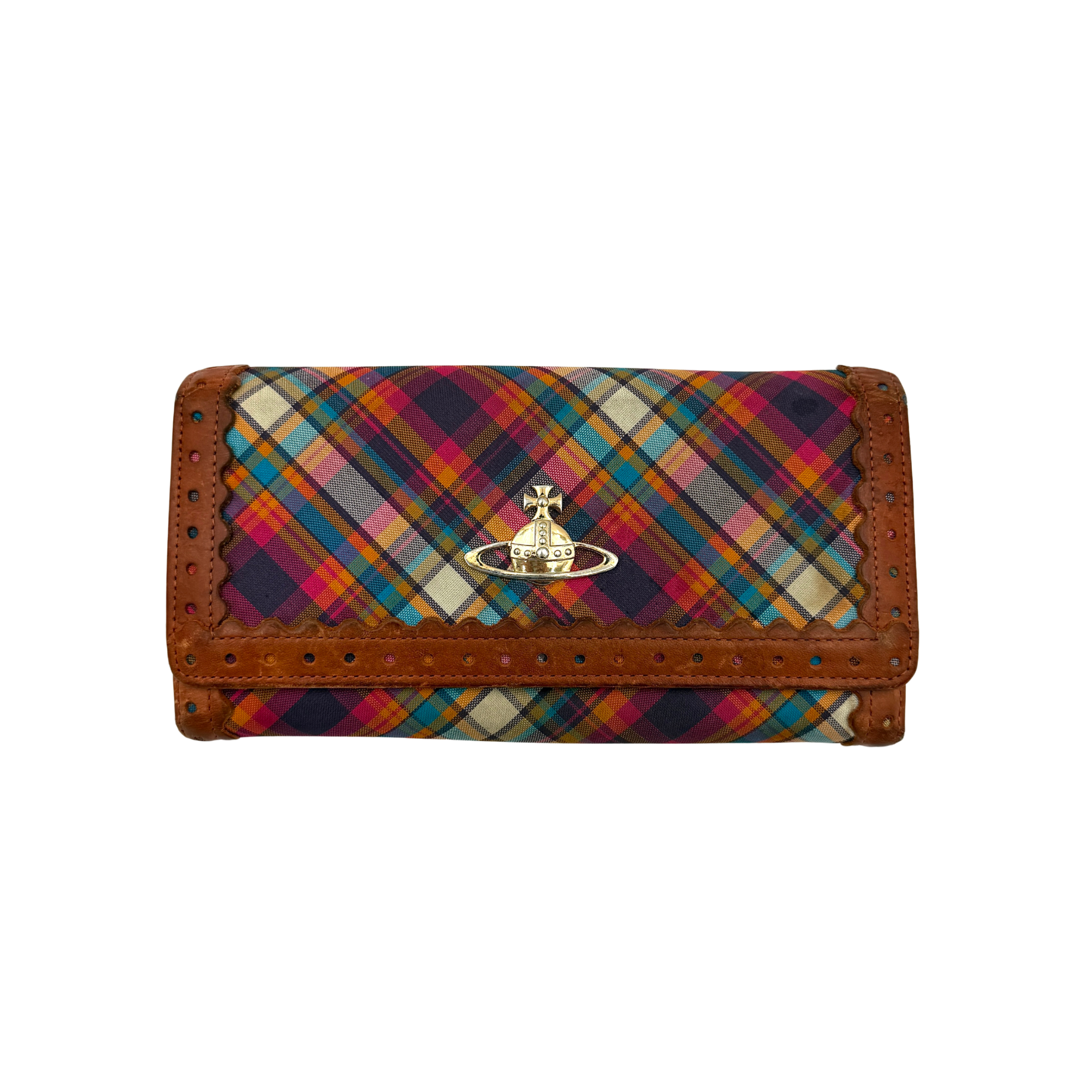 Vivienne Westwood Orb tartan long wallet in multicolor featuring brown leather trim, silver-tone Orb emblem, and multi-compartment interior with card slots.