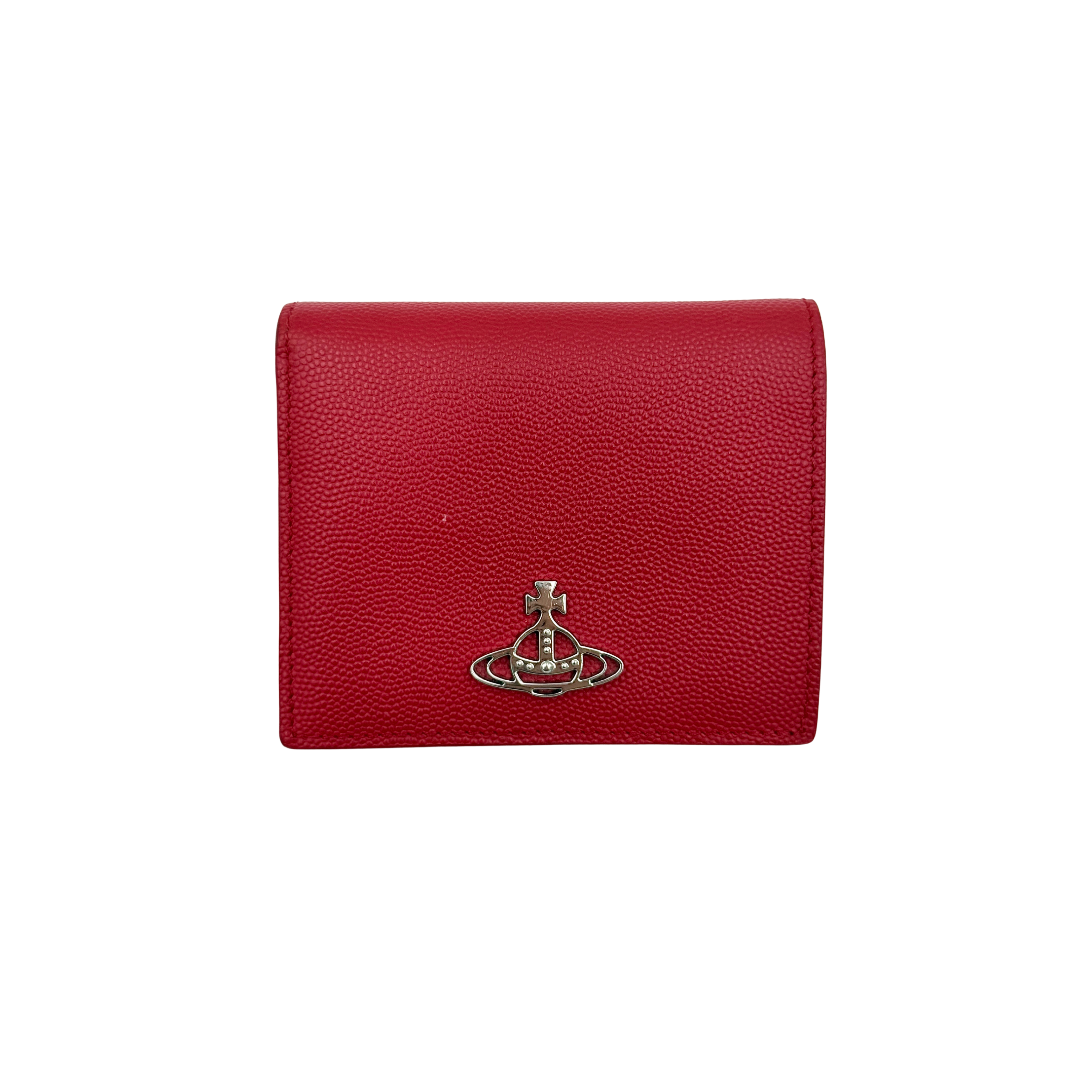 Vivienne Westwood red wallet with silver Orb logo, shown with snap-fold interior compartments and coin section.