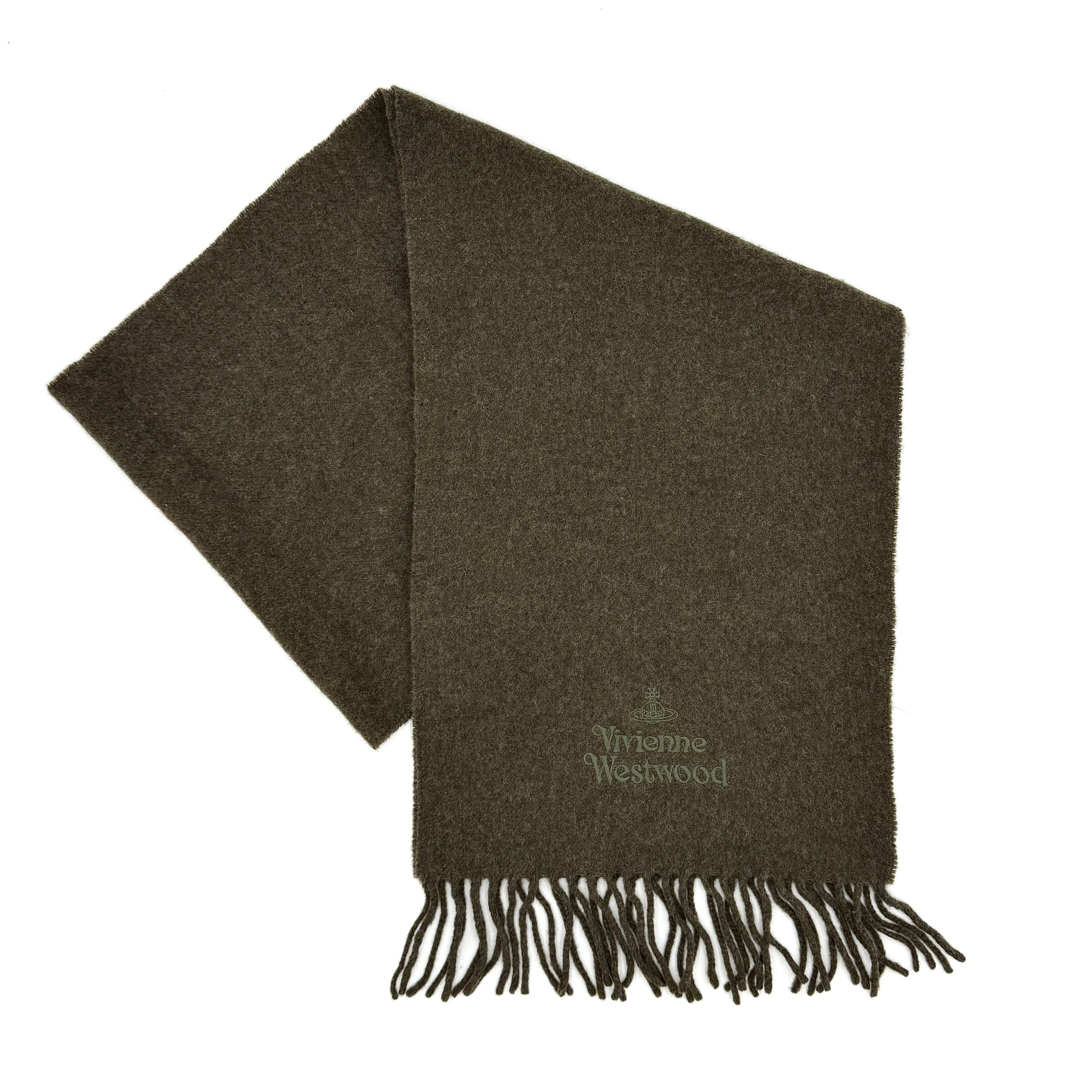 Vivienne Westwood wool scarf in olive green with embroidered logo and fringed ends.