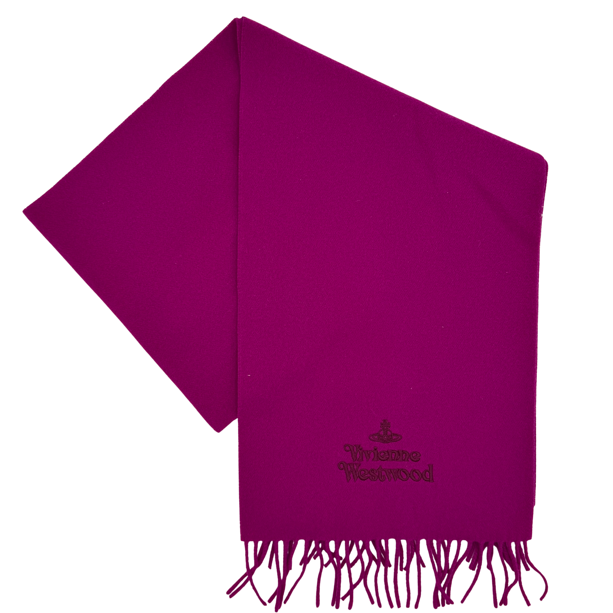 Vivienne Westwood wool scarf in pink featuring fringe ends and printed Vivienne Westwood logo detail.