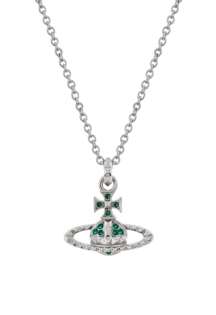 Vivienne Westwood Emerald Crystal Orb Necklace, featuring a silver-tone pendant adorned with emerald green crystals