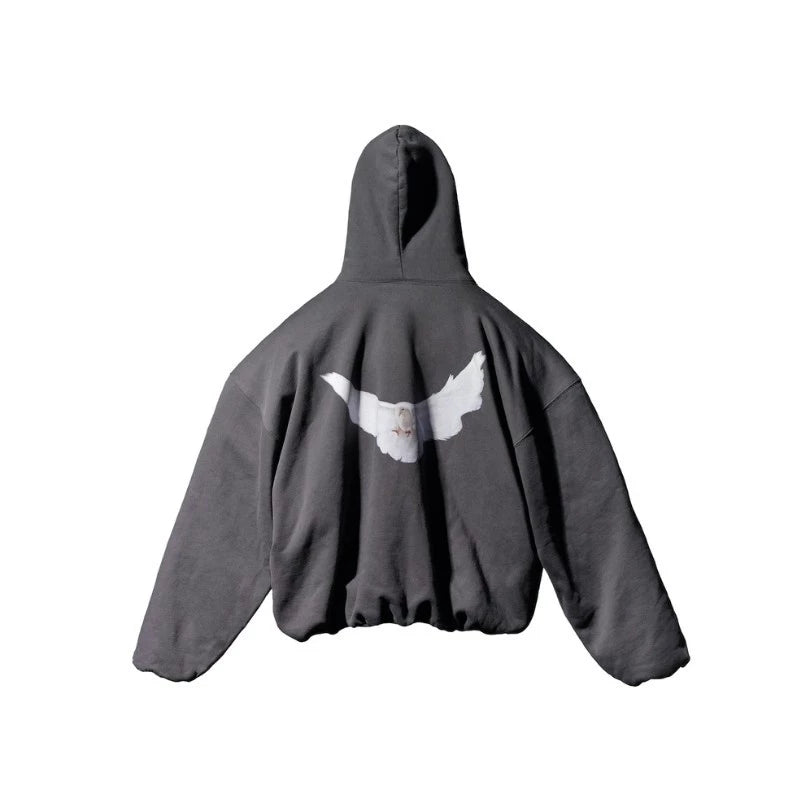 Yeezy x Gap Engineered By Balenciaga Dove Hoodie V2 Black, oversized fit with rear white dove graphic and tonal GAP logo on washed black fleece.