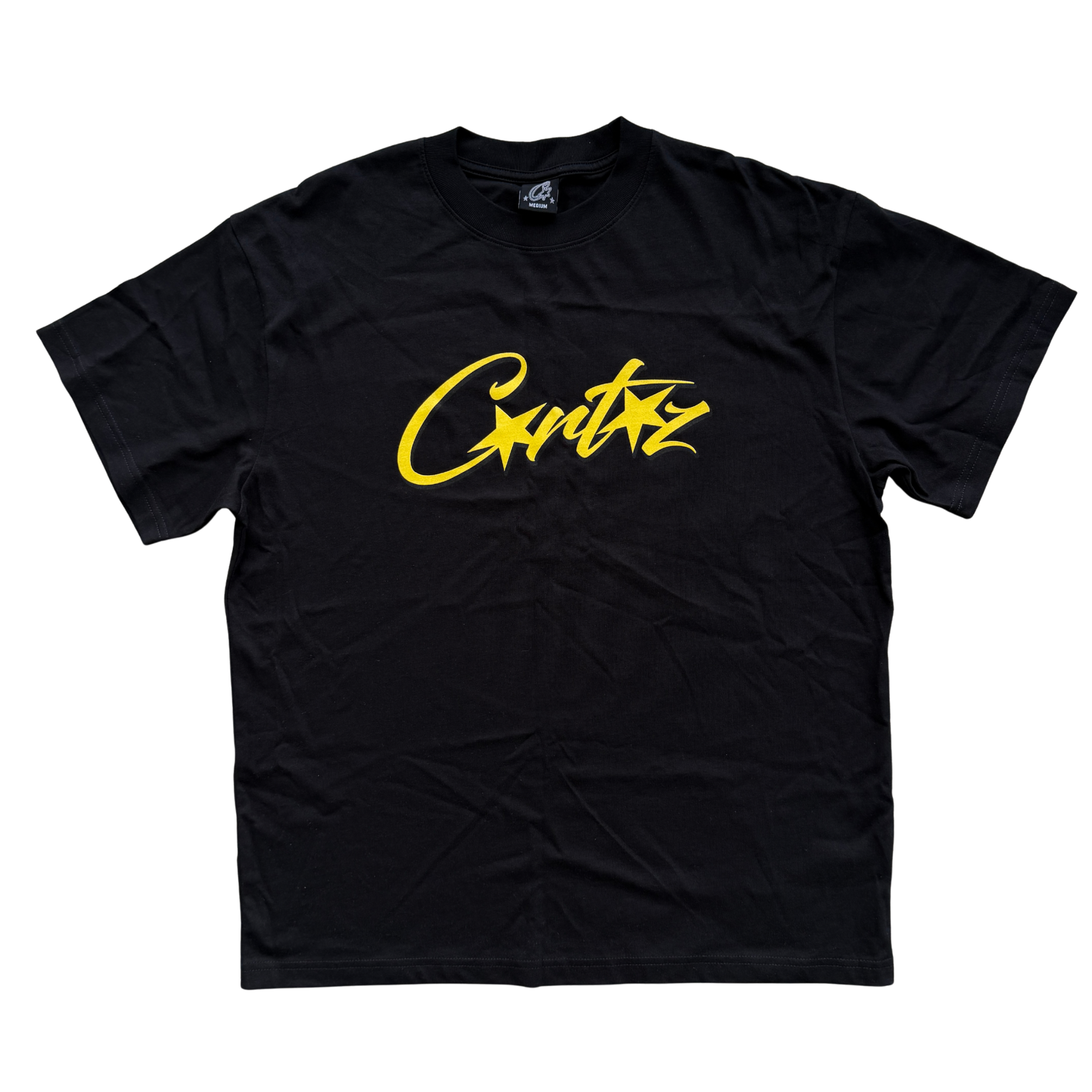 Corteiz Allstarz Tee in black with a bold yellow script logo across the chest, presented flat against a white background.