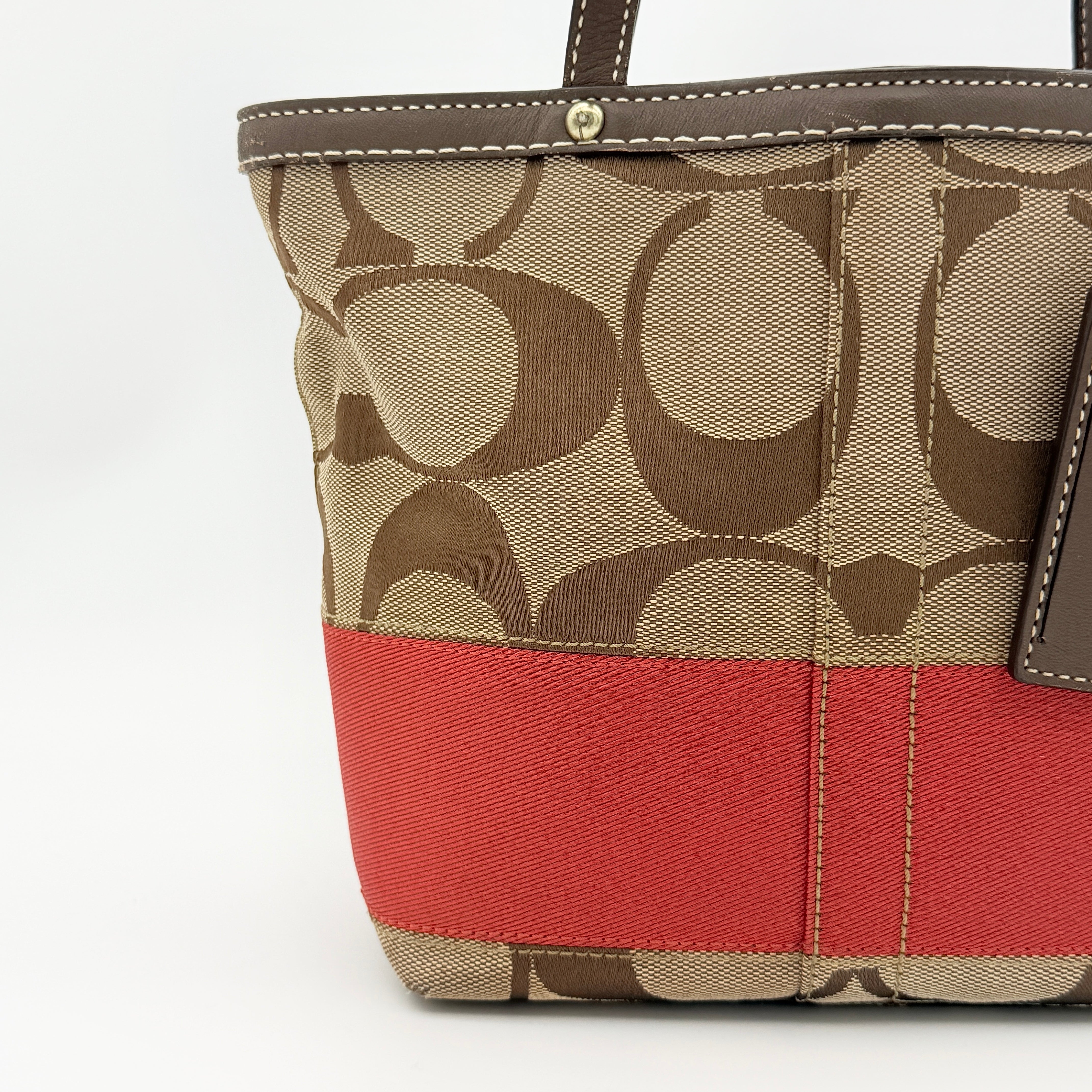 Coach Signature Stripe Tote Bag Beige/Red
