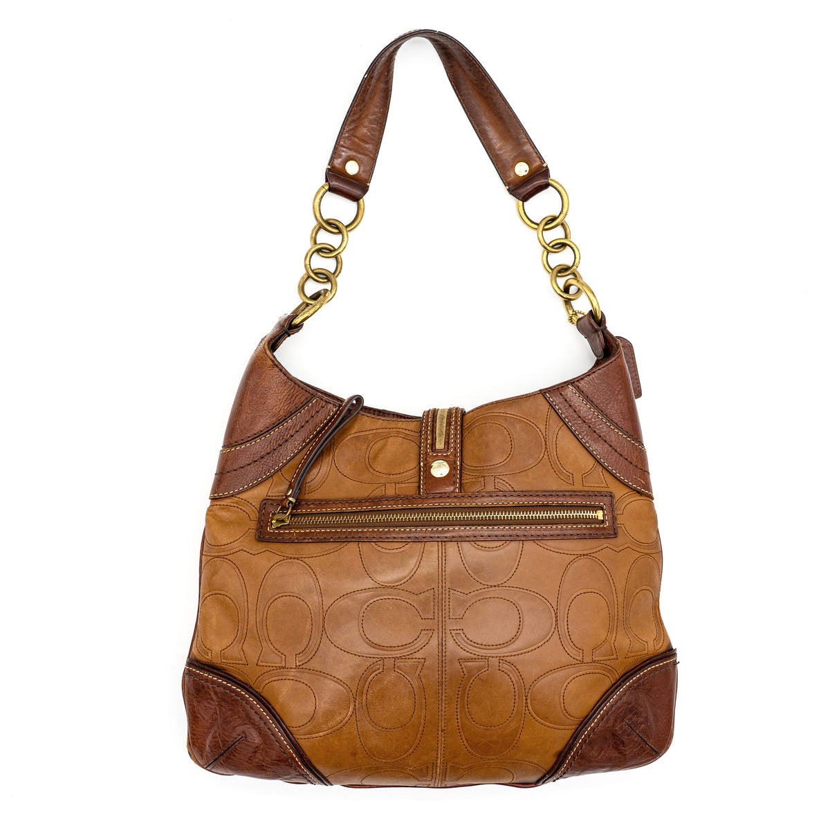 Coach Signature Embossed Hampton Hobo Shoulder Bag Brown