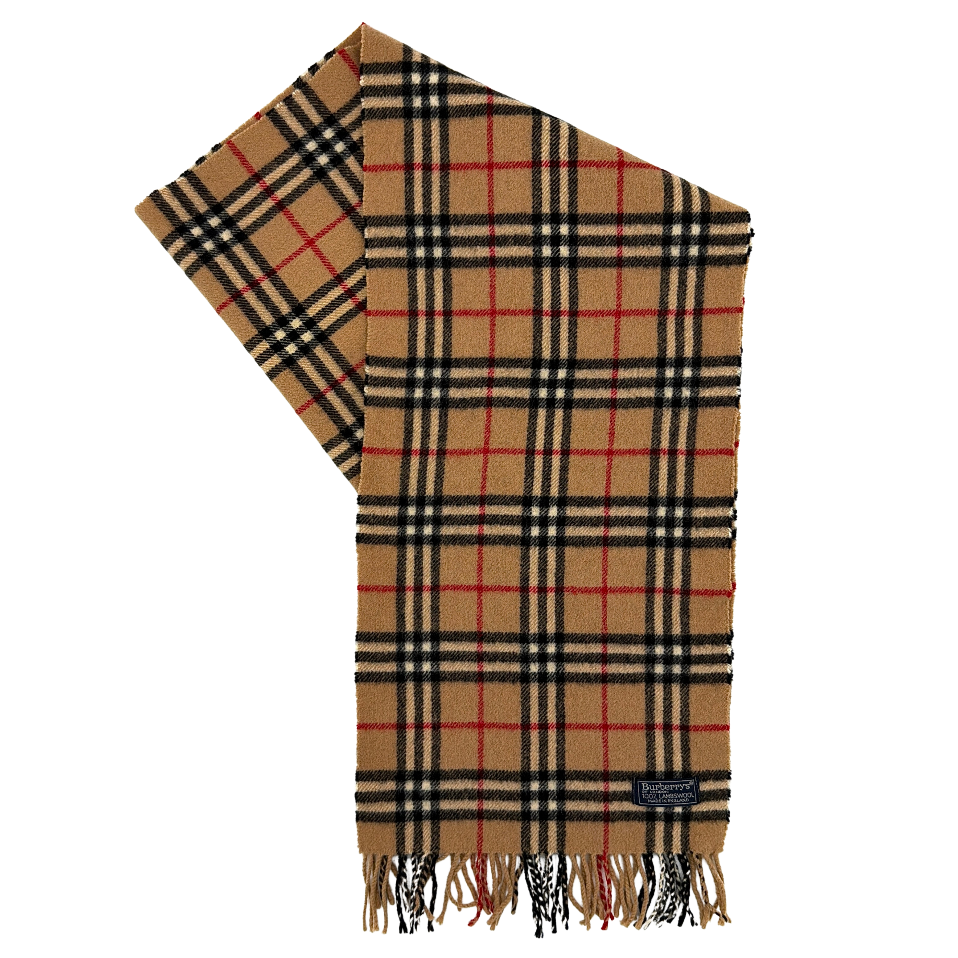 A Burberry Nova Check beige wool scarf with the classic check pattern and twisted fringe edges, finished with a navy woven logo label.